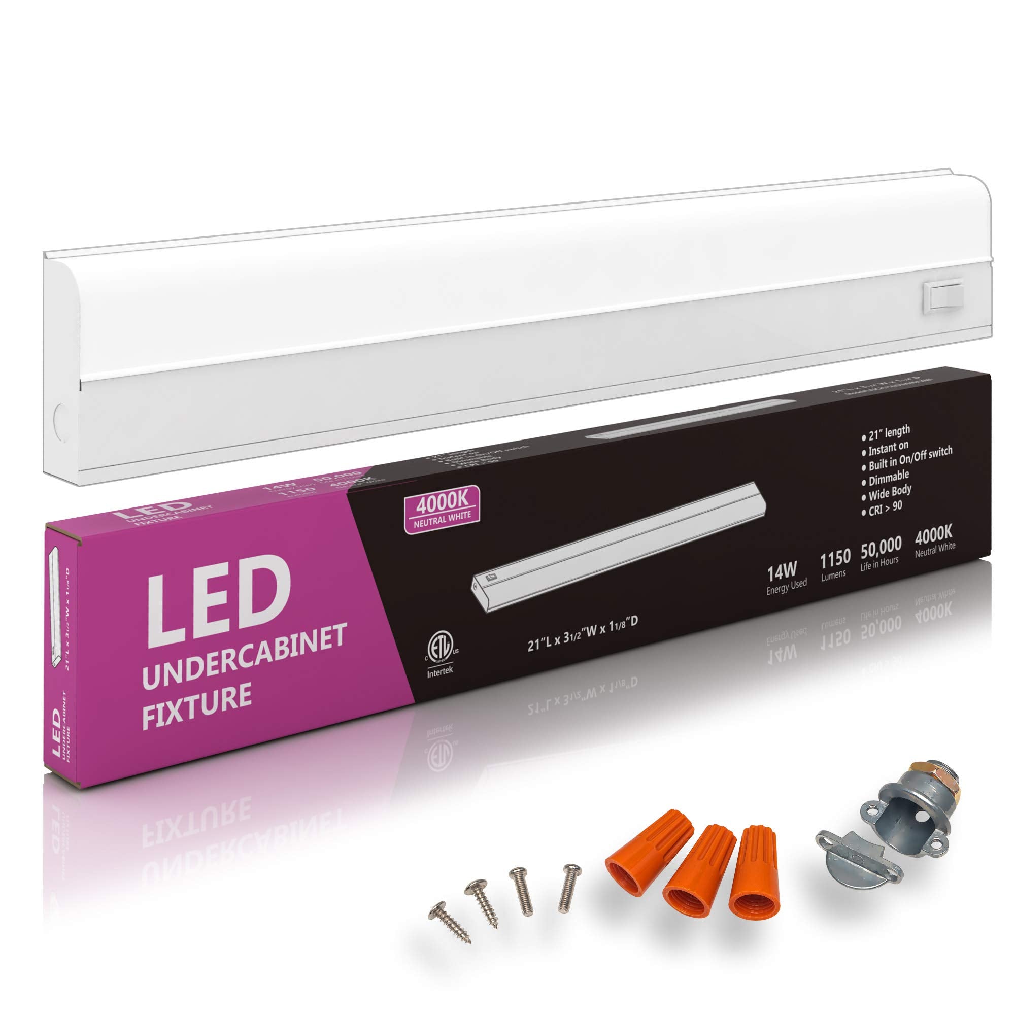Hardwired LED Under Cabinet Task Lighting - 14 Watt, 21'', Dimmable, 4000K (Cool White), Wide Body, Long Lasting Metal Base with