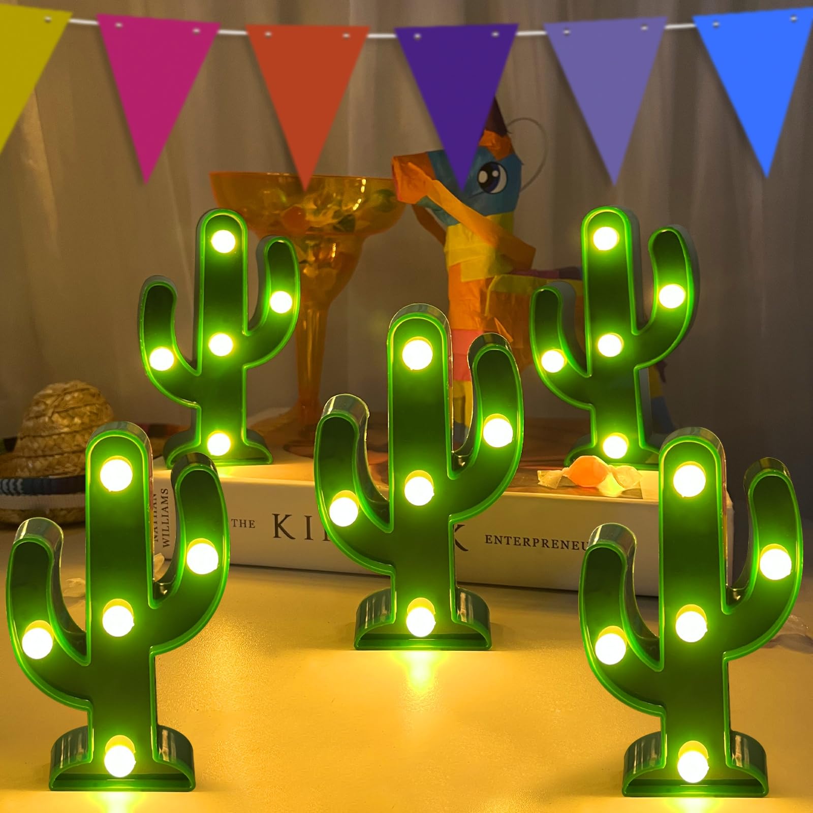 Turnmeon 5 Piece Cactus Decor Led Cactus Light Fiesta Decorations, Fiesta Mexican Party Decorations Green Cactus Night Light Cute Table Lamps For Kid'S Room Bedroom Home Decor (4.72 X 2.76 Inch)