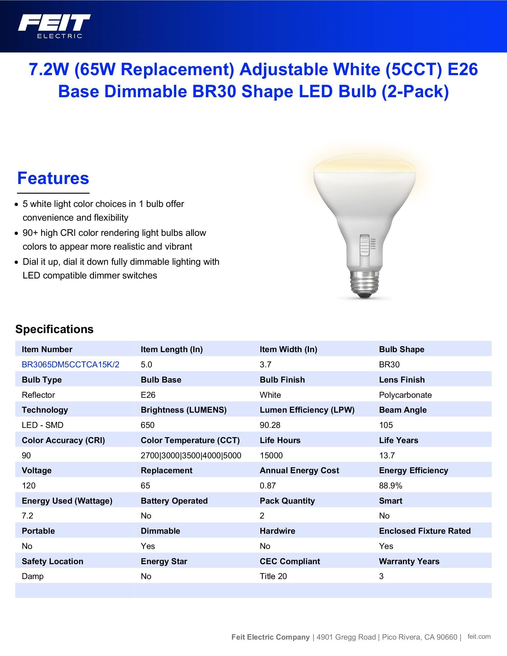 Feit Electric Br30 Led Light Bulb, 65W Equivalent, Dimmable, 5Cct, E26 Medium Base, 90 Cri, 650 Lumens, Adjustable White, 13 Yea