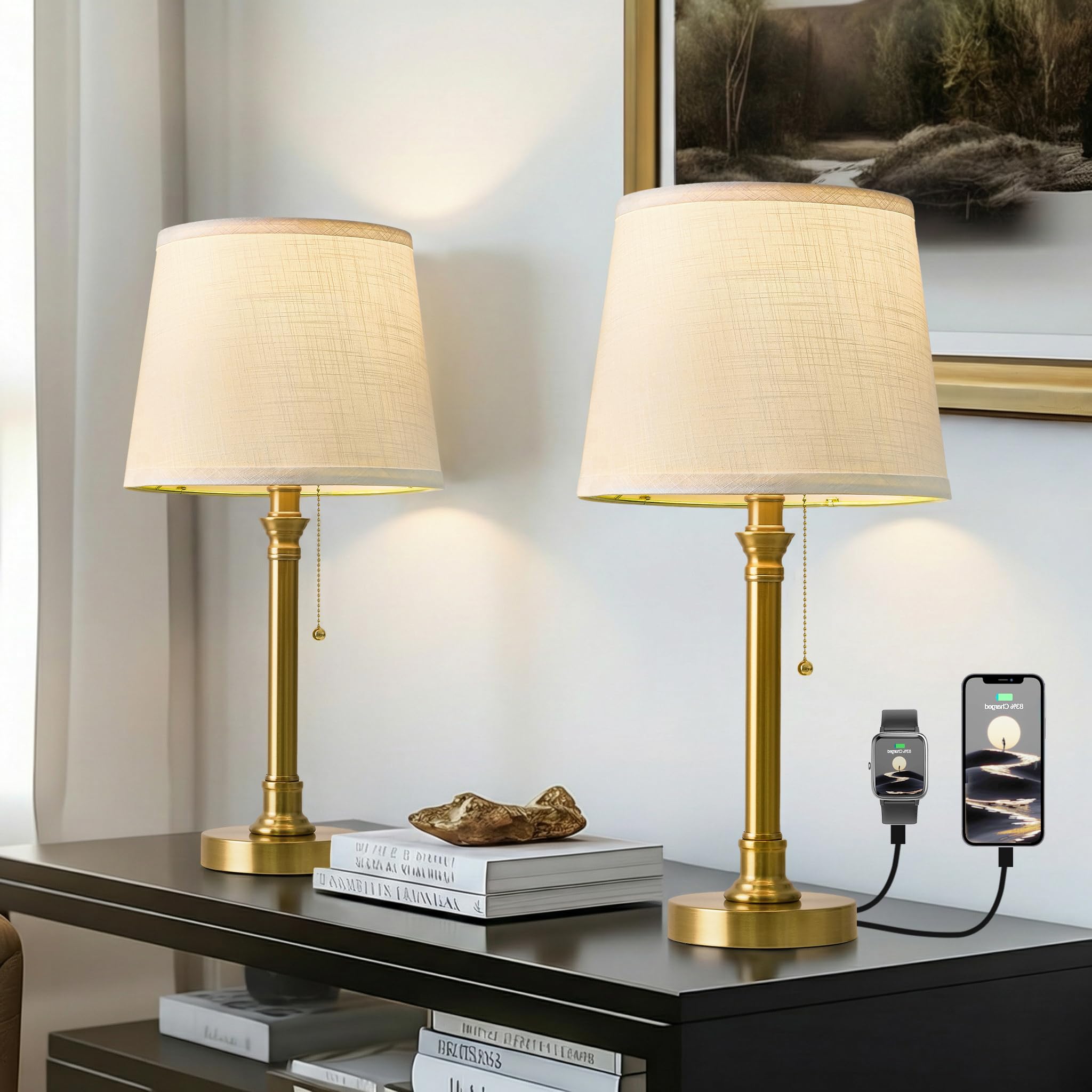 Oneach 19.5 Gold Table Lamp Set of 2  Small Bedside Table Lamps with USB A+C Charging Ports  Pull Chain Switch  Brass Modern Nightstand Lamps for Living Room  Bedroom  Nursery
