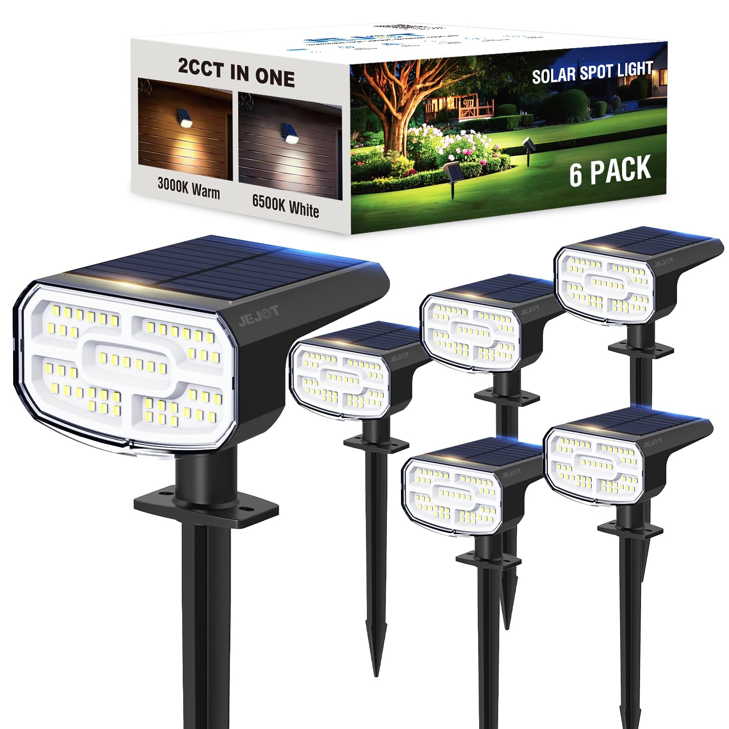 Jejot Solar Spot Lights Outdoor Waterproof Ip65 6 Pack 2Cct(3000K/6500K)  Super Bright Led  4 Lighting Modes Selectable  Solar Powered Yard Garden Solar Spot Lights For Outside Landscape Auto On/Off