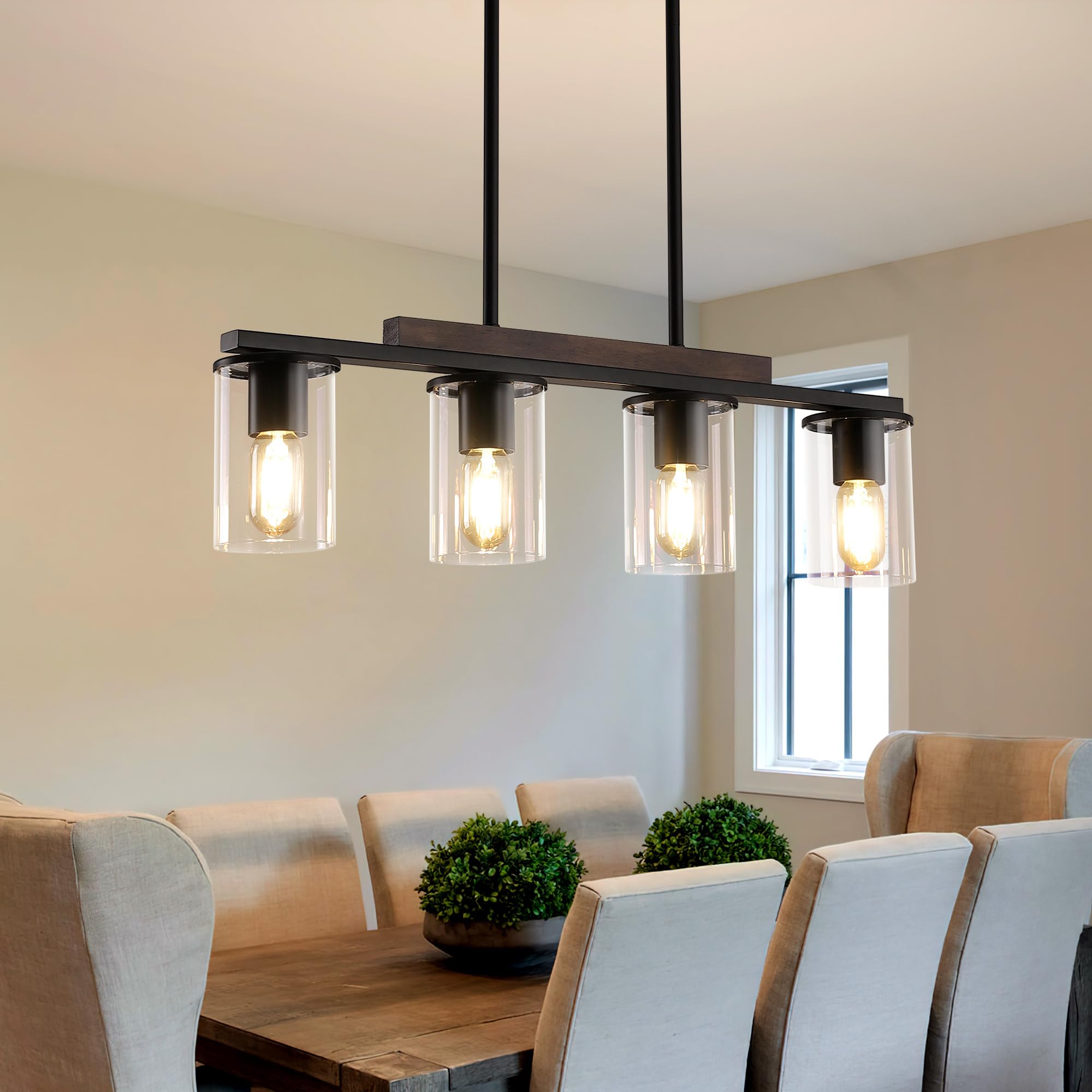 Mecgirn Farmhouse Dining Room Light Fixtures Over Table, Black Pendant Lights For Kitchen Island, 4 Light Linear Chandelier Lighting With Wood