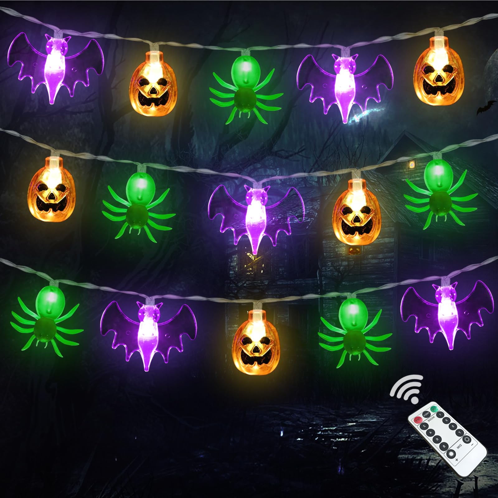 Zimati Halloween Lights, 16 FT 30 LED 3D Pumpkin Bat Spider Battery Operated String Lights with Timer, 8 Lighting Modes Fairy Light for Home Door Porch Decor Indoor Outdoor Halloween Party Decorations