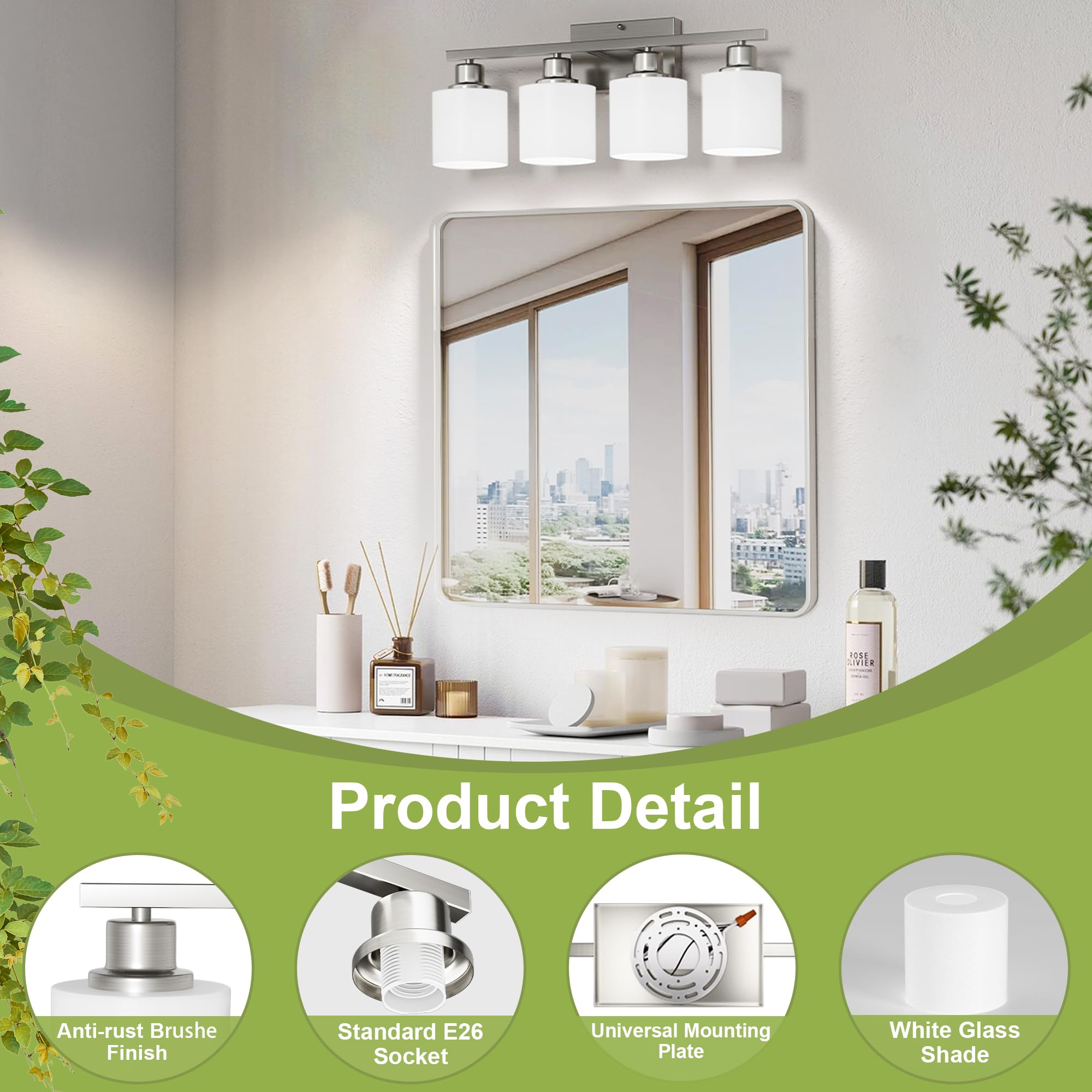 Dekang 4-Light Bathroom Vanity Light, Brushed Nickel, Modern Wall Sconces With Milky Glass Shades