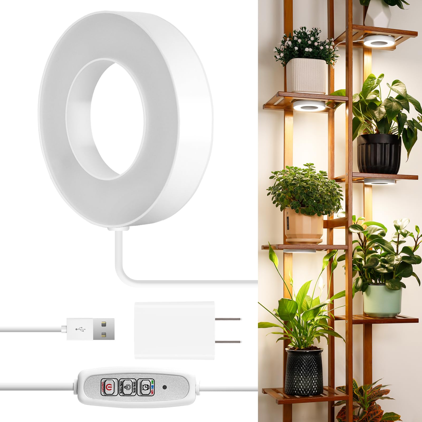 Lordem Grow Light For Indoor Plants, 48 Leds Ceiling Full Spectrum Plant Light, 5V Corded Growing Lamp With 4/8/12H Auto Switch, 4 Dimmable Brightness Levels, Ideal For Small Plants