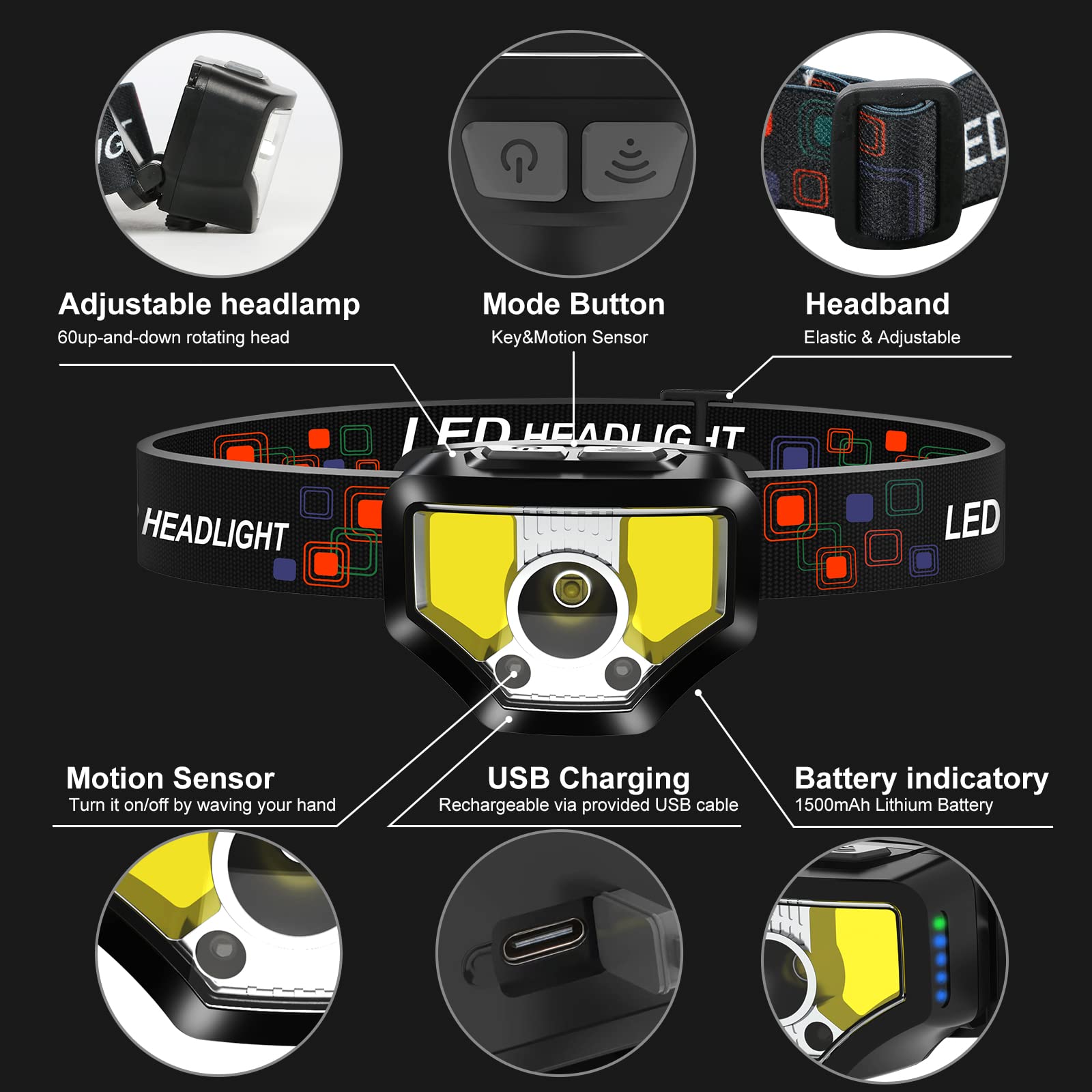 Curtsod Headlamp Rechargeable, 2-Pack 1200 Lumen Super Bright With White Red Led Head Lamp Flashlight, 12 Modes, Motion Sensor,