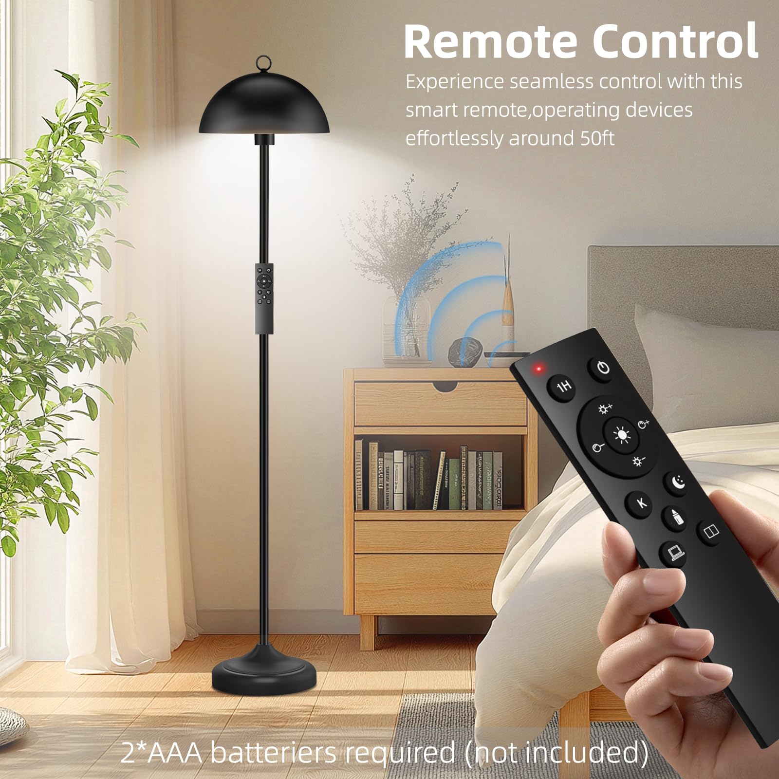 GDRKNP Industrial Floor Lamp, Smart Remote Control, Stepless Dimmable, Metal, Large, Black, Model RSTL-0005BK