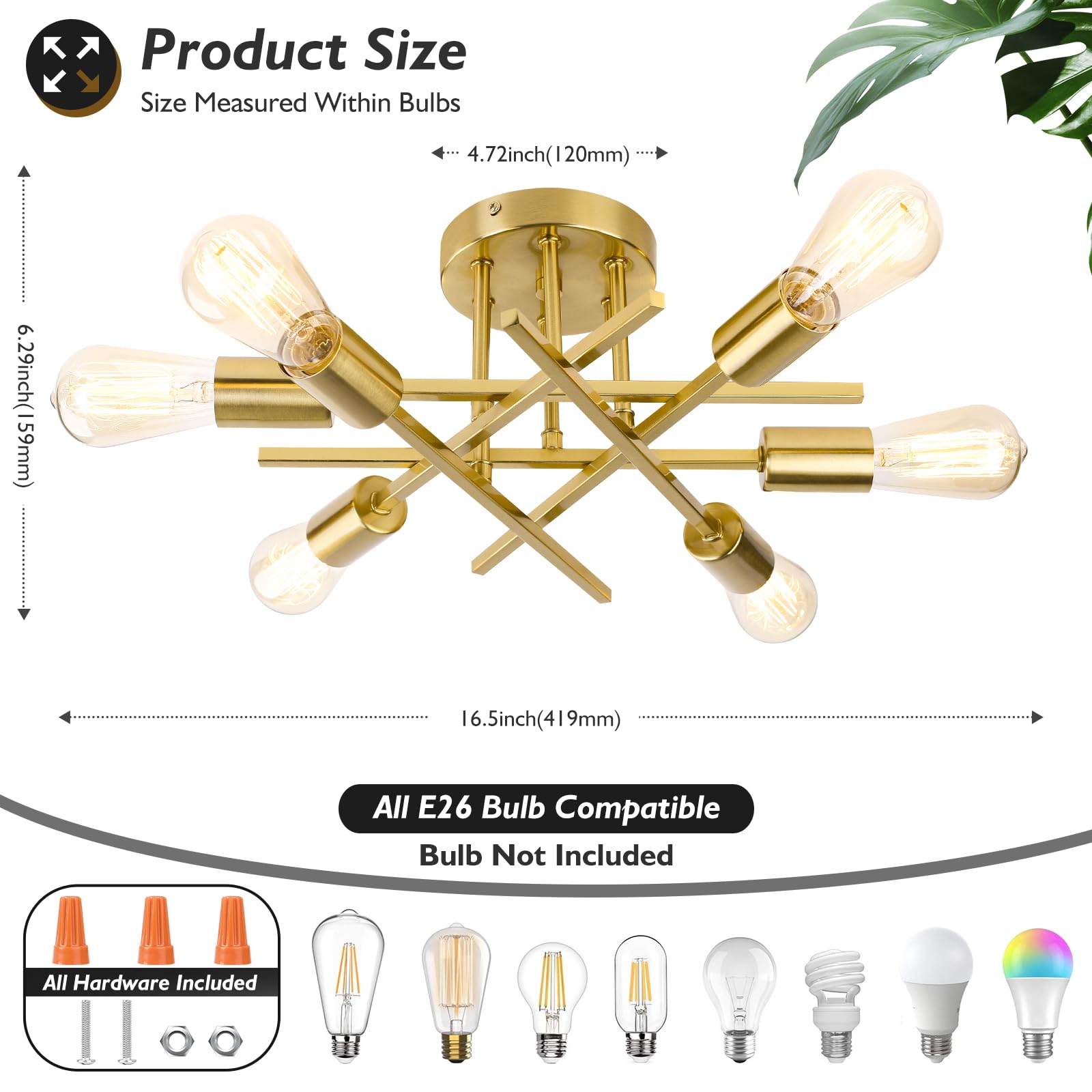 Tobusa 6-Light Gold Semi Flush Mount Ceiling Light Fixture, Modern Industrial Brushed Golden Sputnik Ceiling Light, E26 Close To