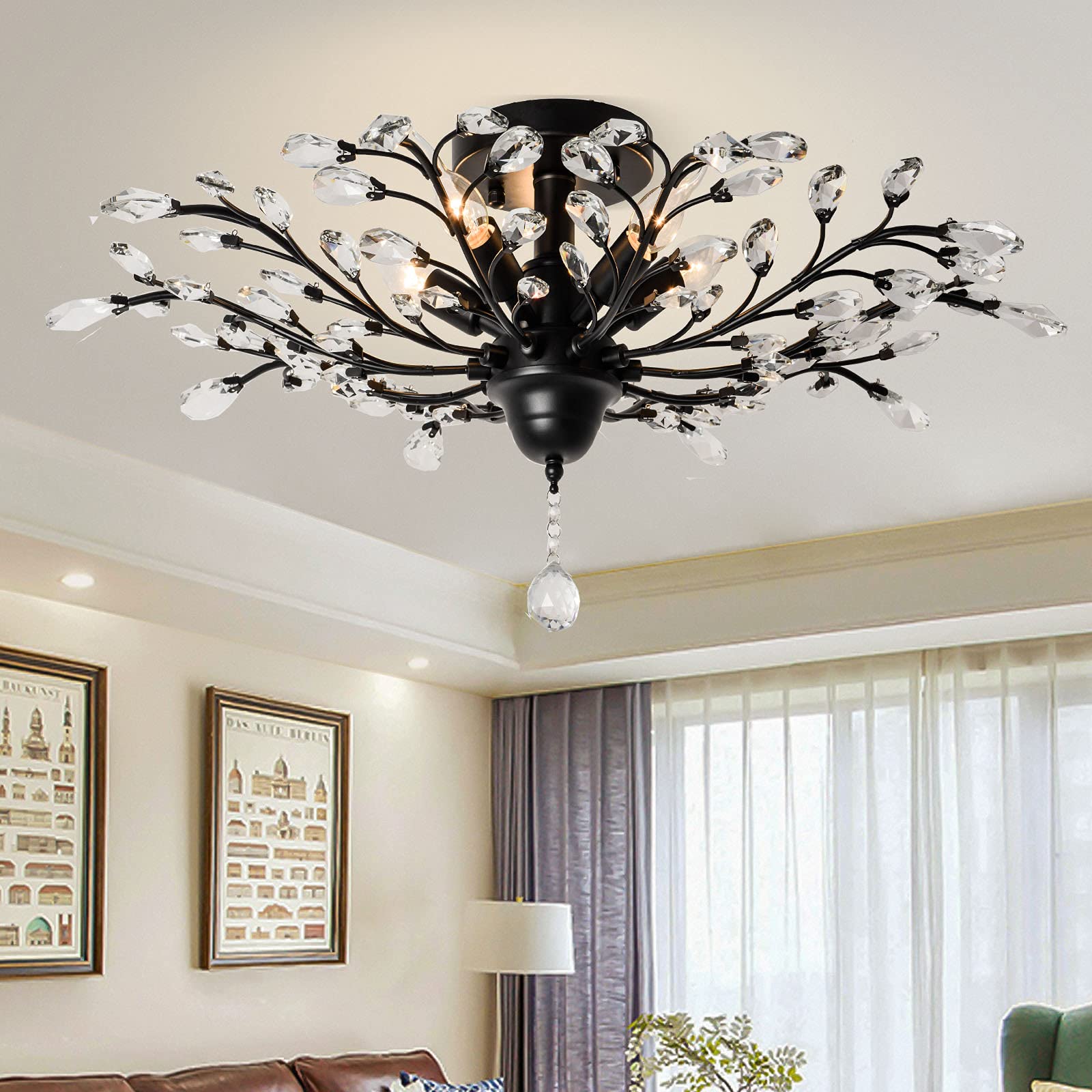 Ganeed Crystal Ceiling Light Chandelier, 5-Light Flush Mount Fixture, Modern Black Iron & K9 Crystal, Model GLM-XDD-5B