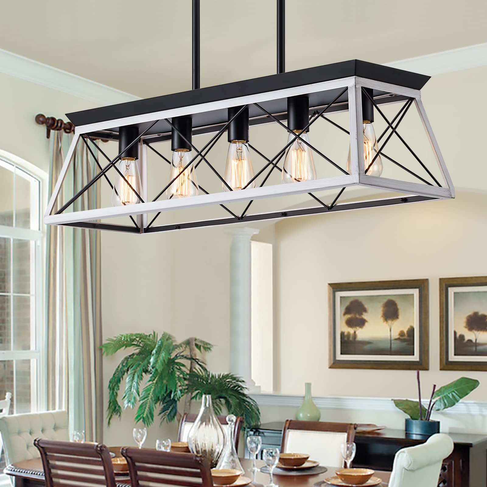 XIPUDA 5-Light Pendant Lights Fixture, Rustic Metal Chandelier for Dining Room, White, Model XPD-0009x