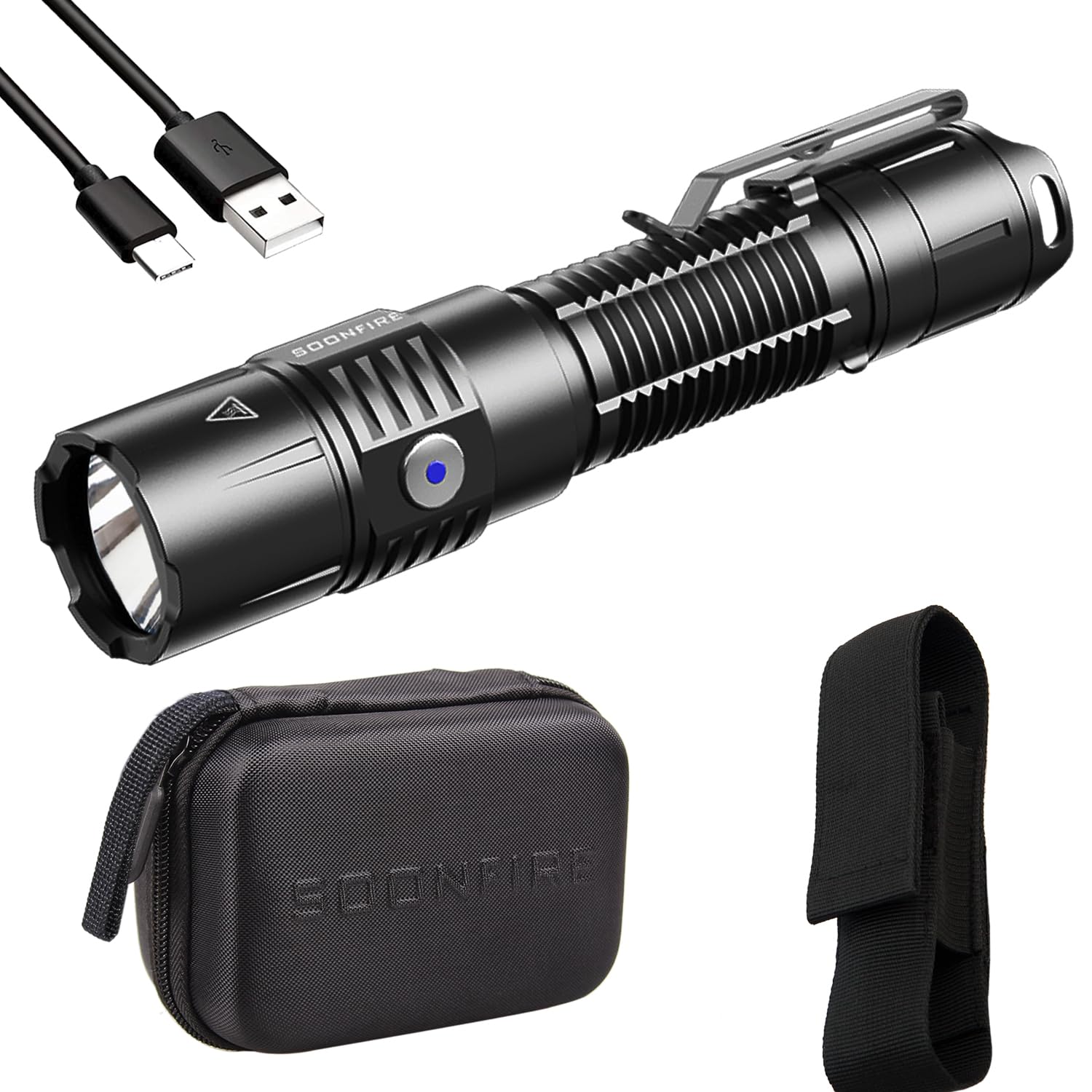 Soonfire Mx75 Led Tactical Flashlight, 2530 Lumen, Usb-C Rechargeable, 390 Yards, Black