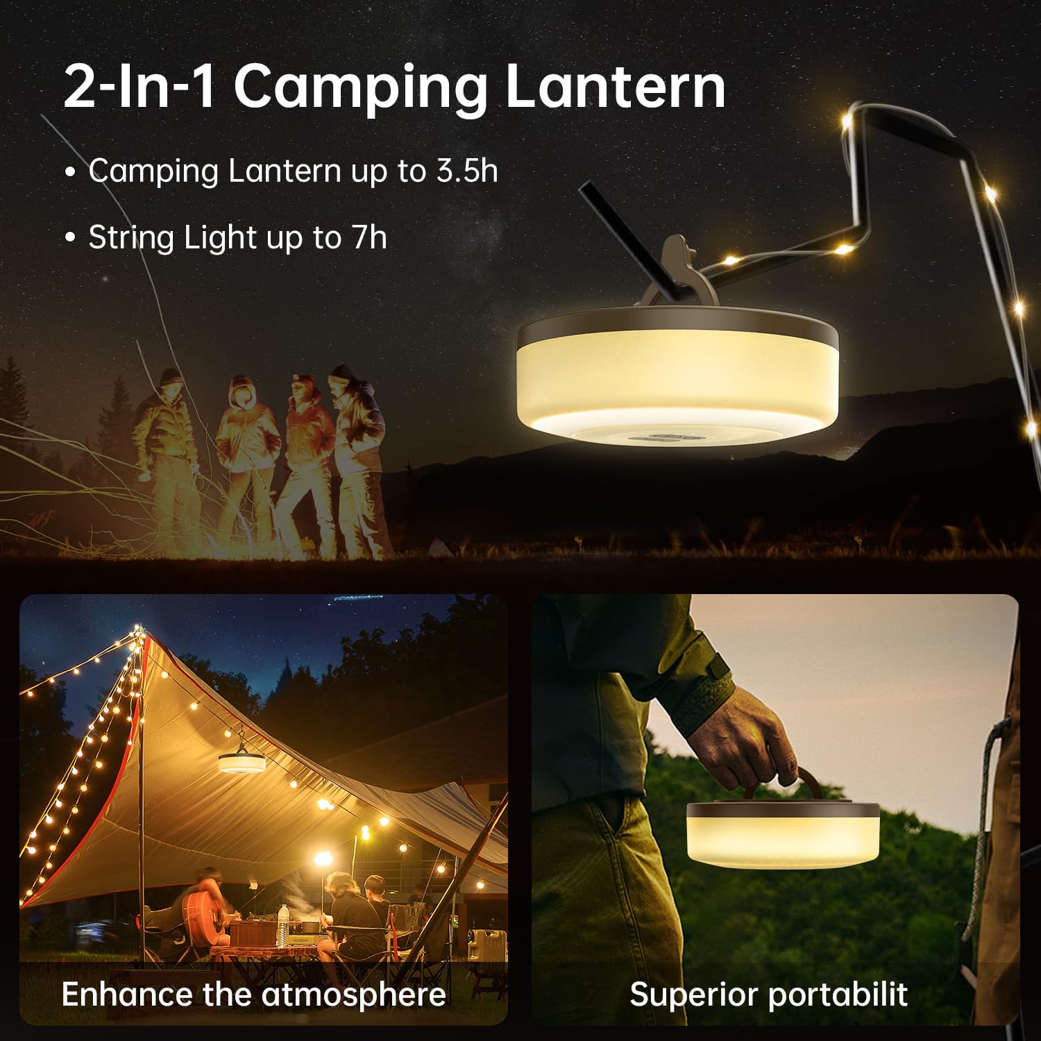MORIKO 2-in-1 USB Rechargeable Camping String Lights - 33FT Fairy Lights, Light Yellow, 7 Modes, Portable Lantern for Tent and Yard