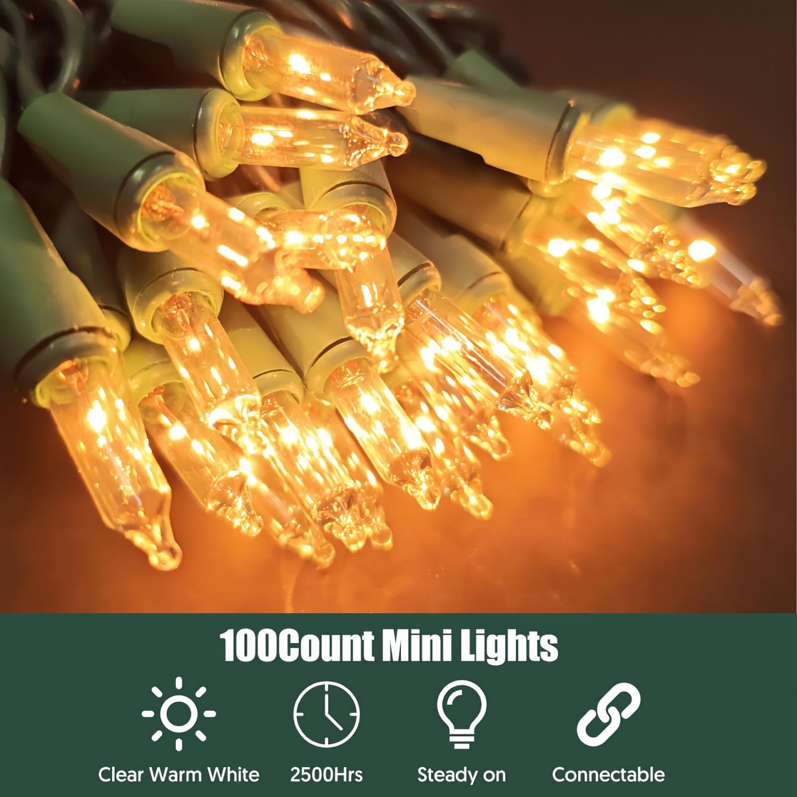 Wabarle Christmas Lights 100 Count Clear White Incandescent String Lights 21ft UL Certified Green Wire for Indoor/Outdoor Decor