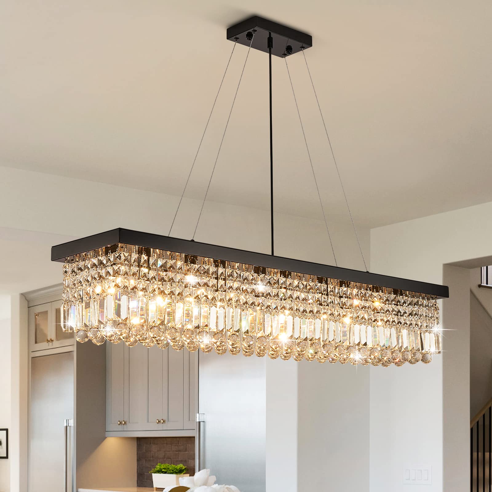 7Pm K9 Crystal Chandelier - Modern Rectangular Pendant Light, Black, L47Xw10Xh10, Stainless Steel, Model Cl010843