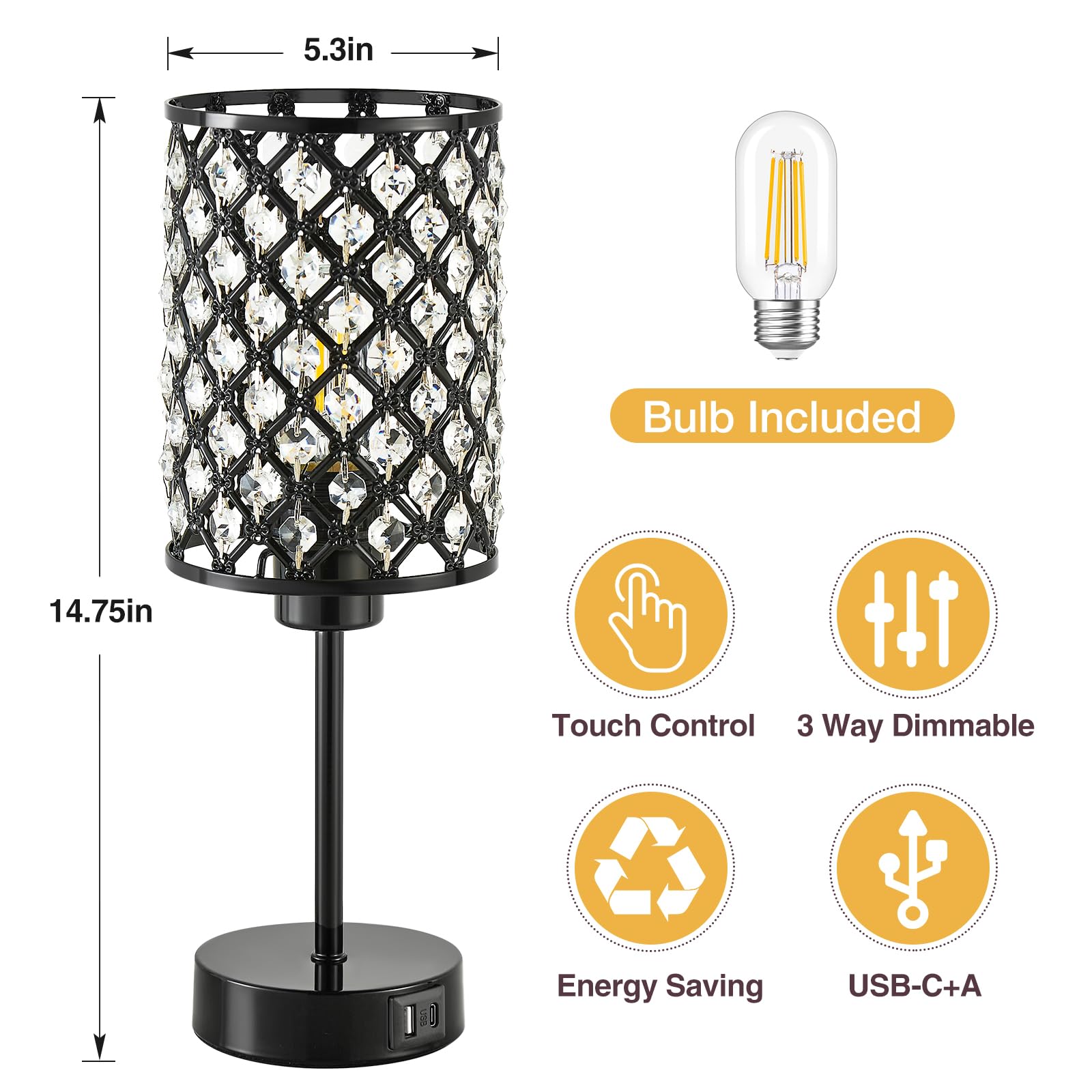Gyrovu Crystal Table Lamp, Black Lamp For Bedroom Nightstand With Usb C+A Ports, 3 Way Dimmable Touch Lamp With Crystal Shade, B