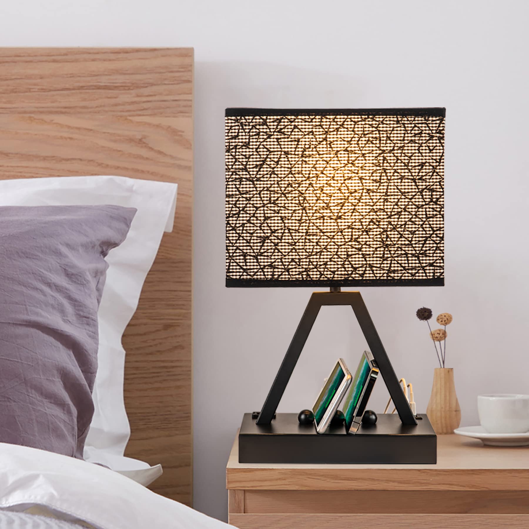 Briever USB C Touch Control Table Lamp, 3-Way Dimmable, Black Shade, Metal, LED Bulb Included