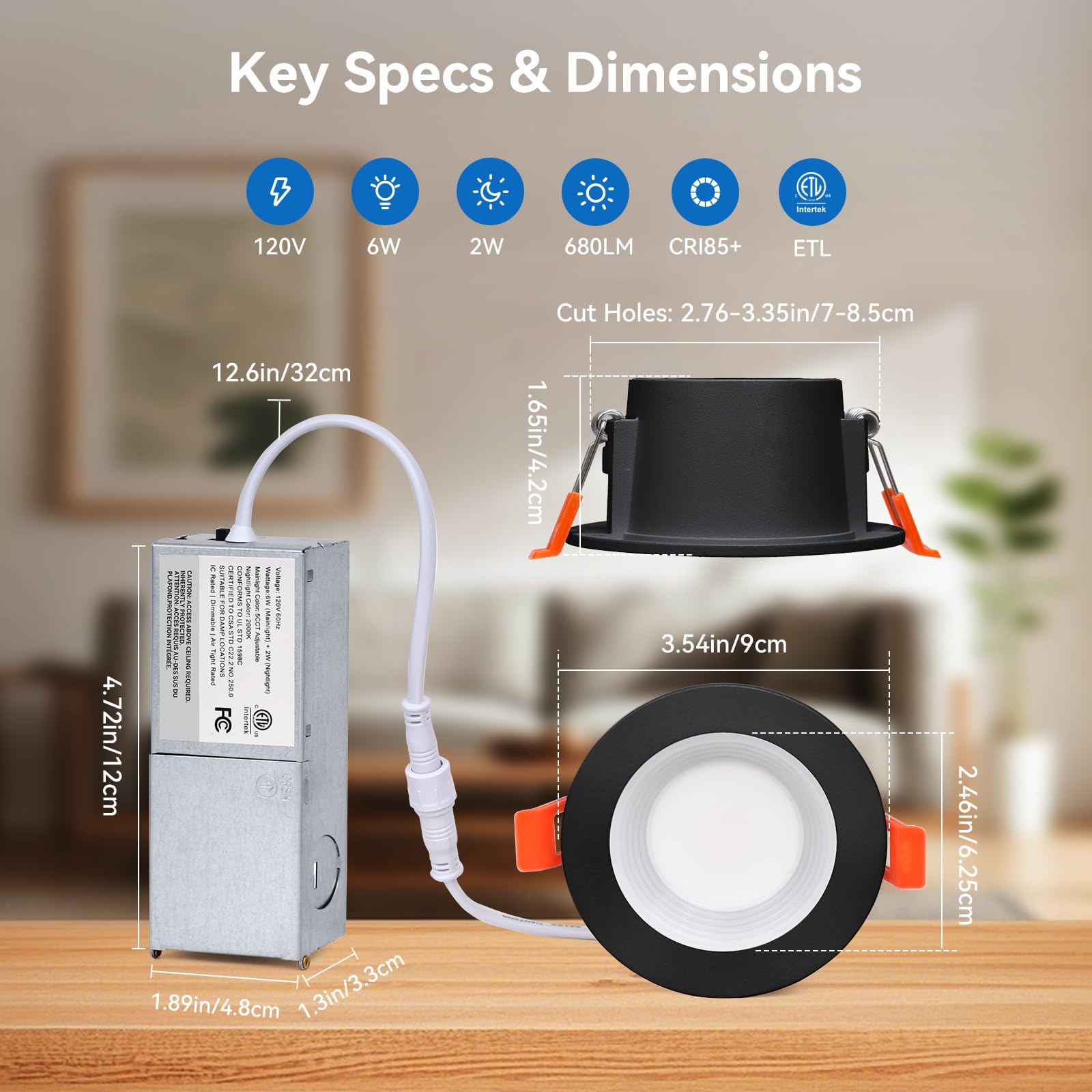 Cycevsun Black 3 Inch Recessed Led Lights  Switchable Night Light & Main Light  5 Color Temperatures 2700K-5000K  Dimmable Canless Downlight For Cozy Home Lighting  6W/2W  Etl  6 Pack