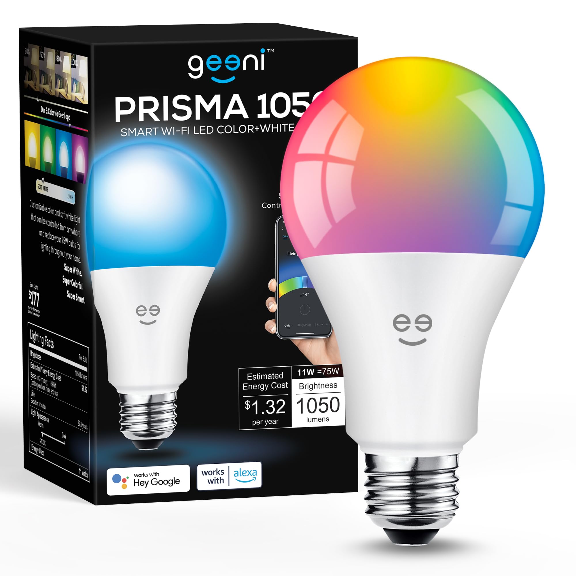 Geeni Prisma 1050 WiFi LED Light Bulb, Multicolor (2700K): Dimmable LED Bulbs, A21, 75-Watt Equivalent: No Hub Required: Compati
