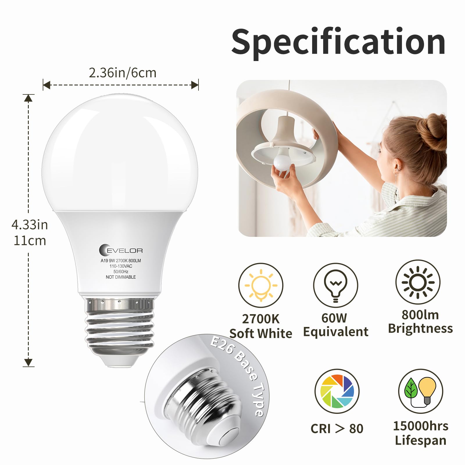 evelor A19 LED Light Bulbs, 60W Equivalent, Soft White 2700K, 800 Lumens, 9W, Non-Dimmable, 4-Pack