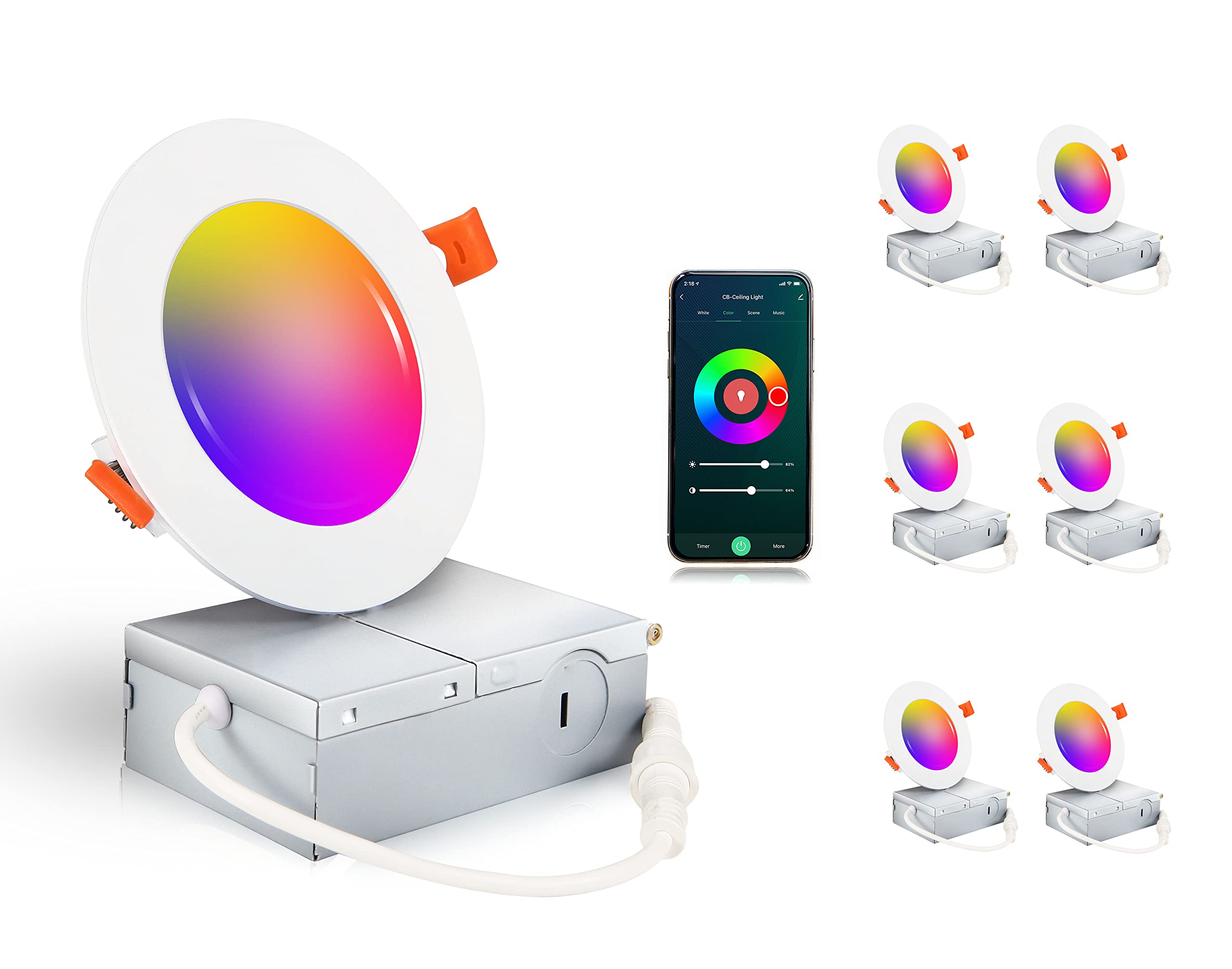 [6 Pack] Cloudy Bay 4Inch Smart Wifi Led Recessed Lights,Rgbcw Color Changing Recessed Lighting,Compatible With Alexa And Google Home Assistant,10W 2700K-6500K,Cri90+ Wet Location,White Finish