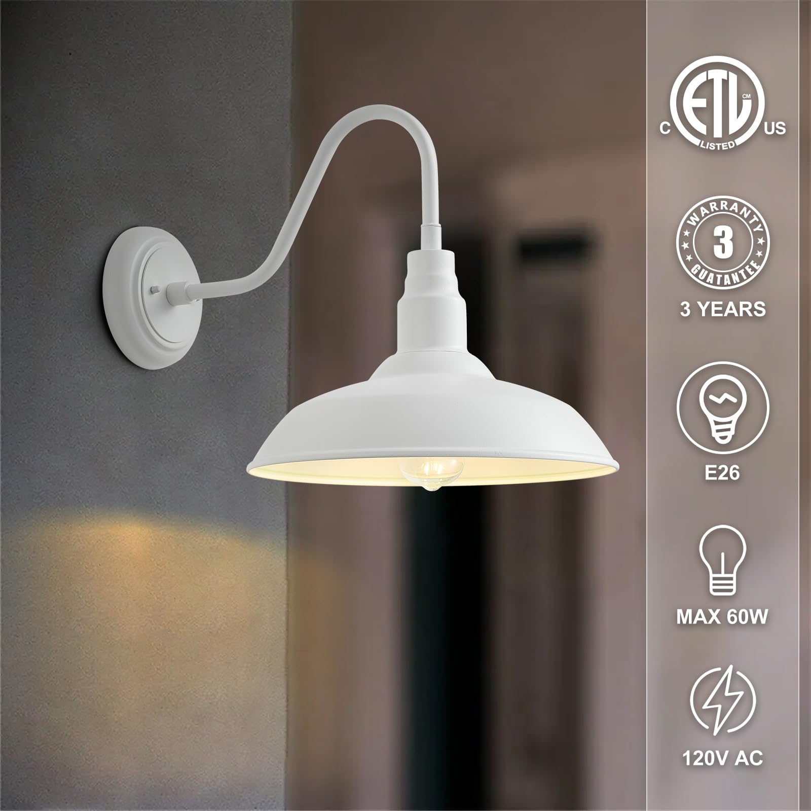 GOALPLUS Barn Gooseneck Lights - 14in White Metal Wall Fixture, Model LM2202-WH-2P for Porch, Patio, Front Door, Garage