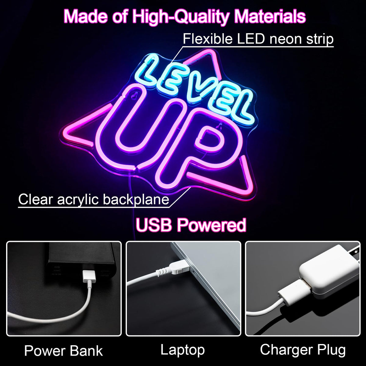 Horseneon Neon Sign for Wall Decor, USB Powered LED Light, Level Up Co ...