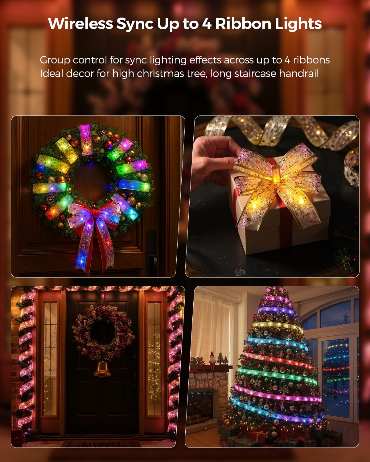 Bravedream 33Ft Smart Christmas Ribbon Lights  Color Changing Lighted Ribbon  100 Leds  80 Modes  App & Remote Control  Music Sync  Timer  Usb Powered  Extendable Via App For Tall Xmas Tree  Golden