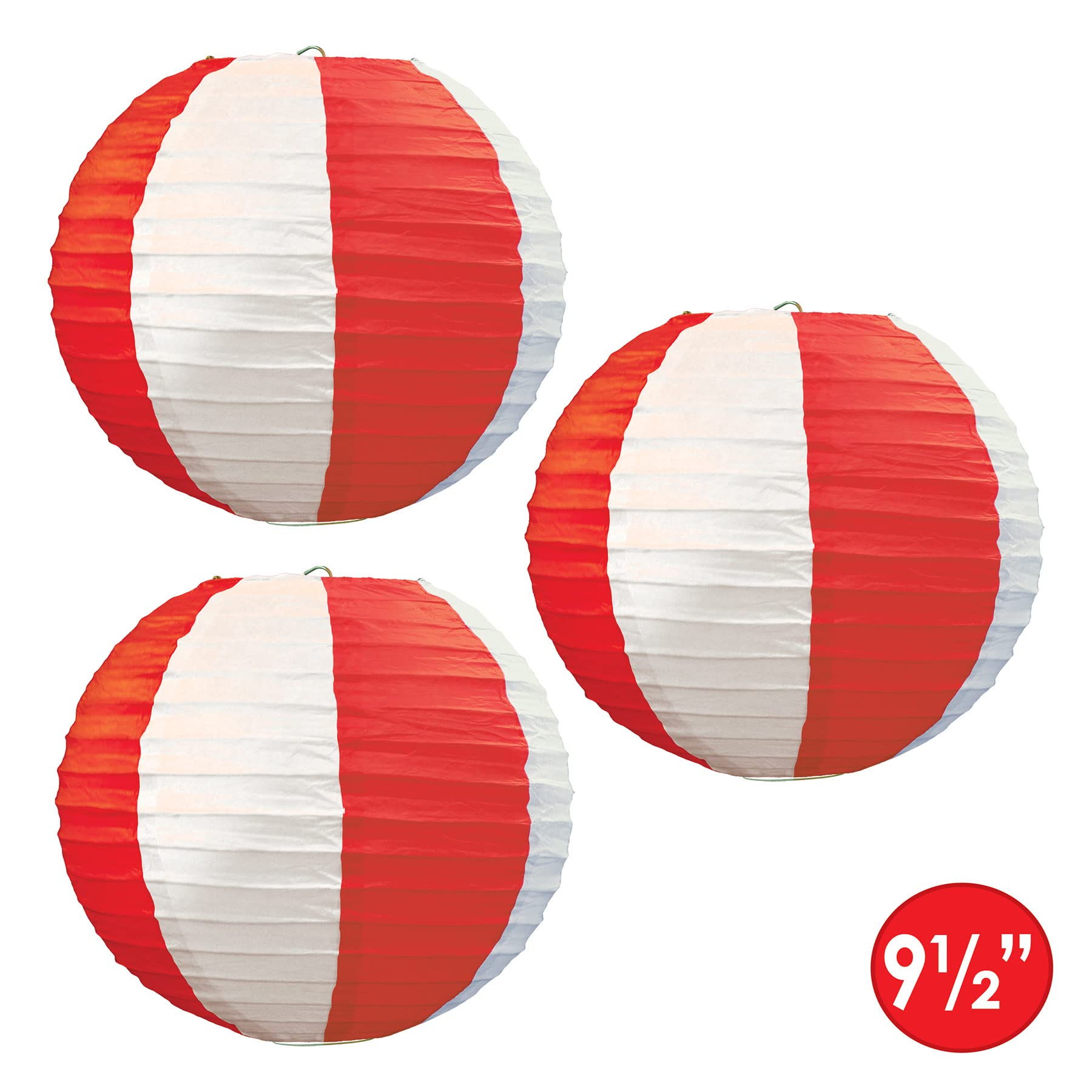 Beistle Stripes Paper Lanterns, 9 1/2-Inch, Red/White