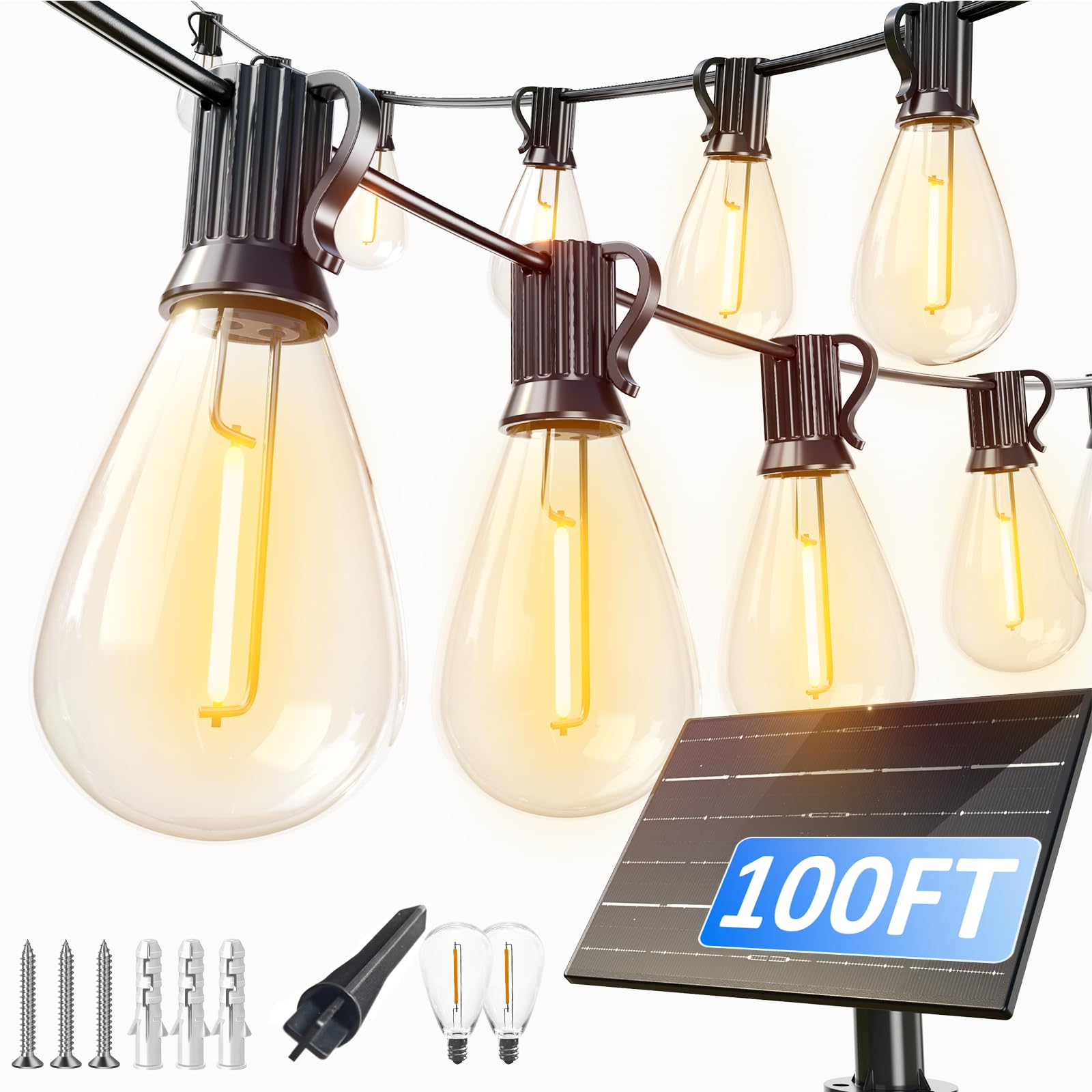 luckystyle Solar String Lights Outdoor, 100FT, Waterproof, 36+2 LED Bulbs, Shatterproof, Black, Model LK-S11-100