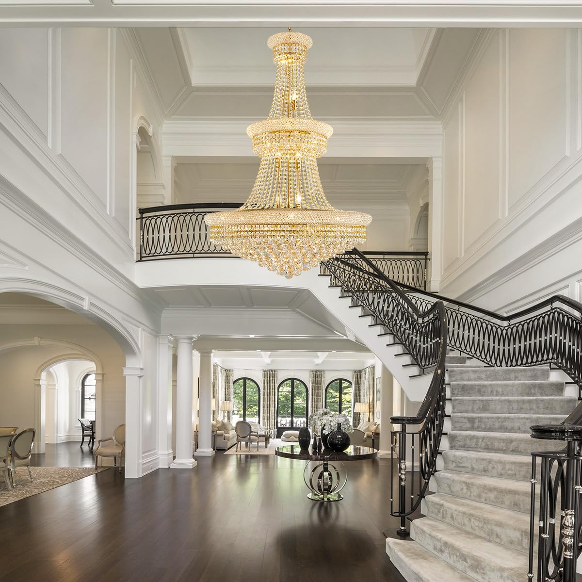 DUNFIZZ 19-Lights Gold Crystal Chandelier, Modern Metal Foyer Fixture, H47 x W31.5 for Staircase, Living Room, Hallway, Model DNF-801