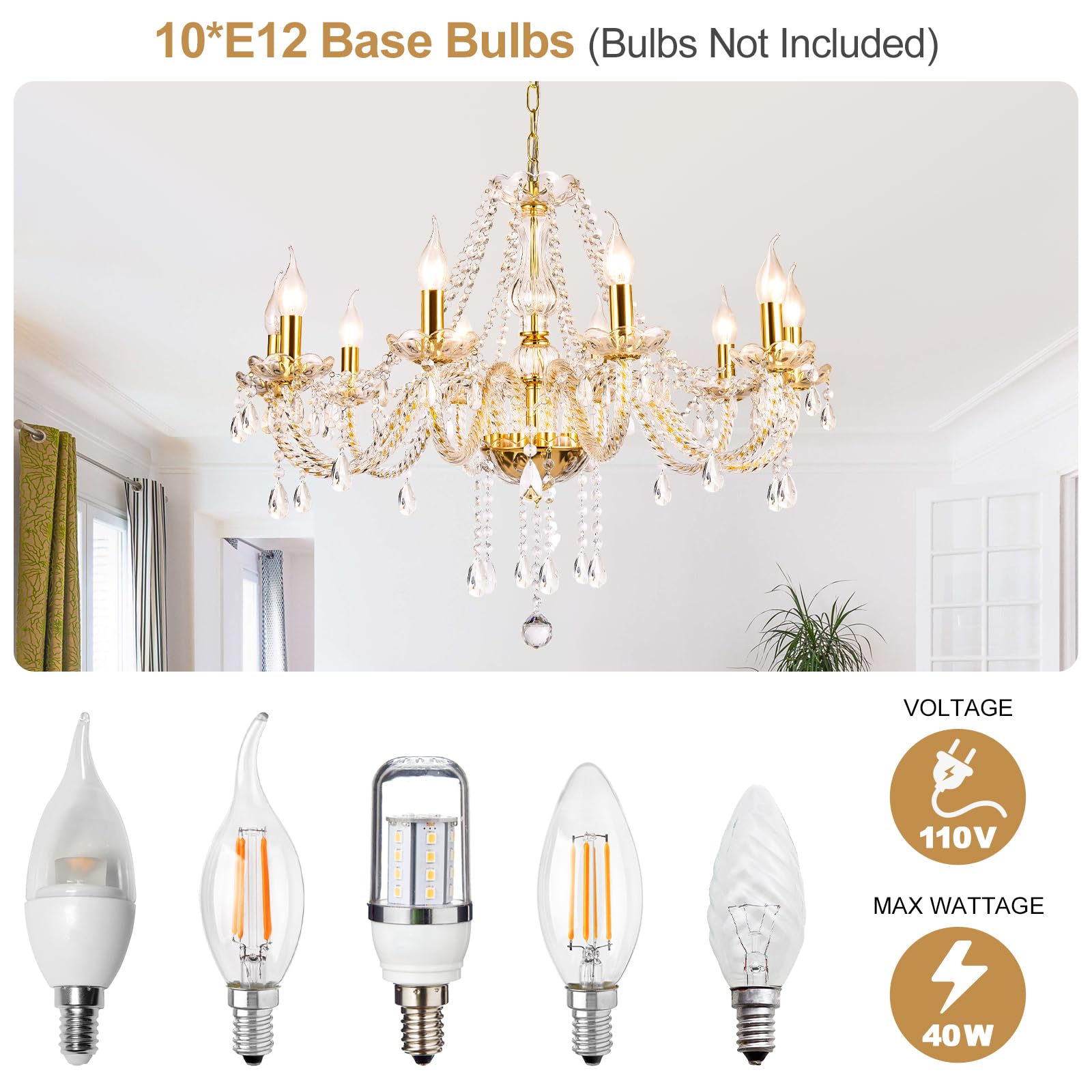 Baotree Modern Elegant 10 Lights K9 Crystal Glass Chandelier Golden Pendant Ceiling Lighting European Style For Dining Living Ro
