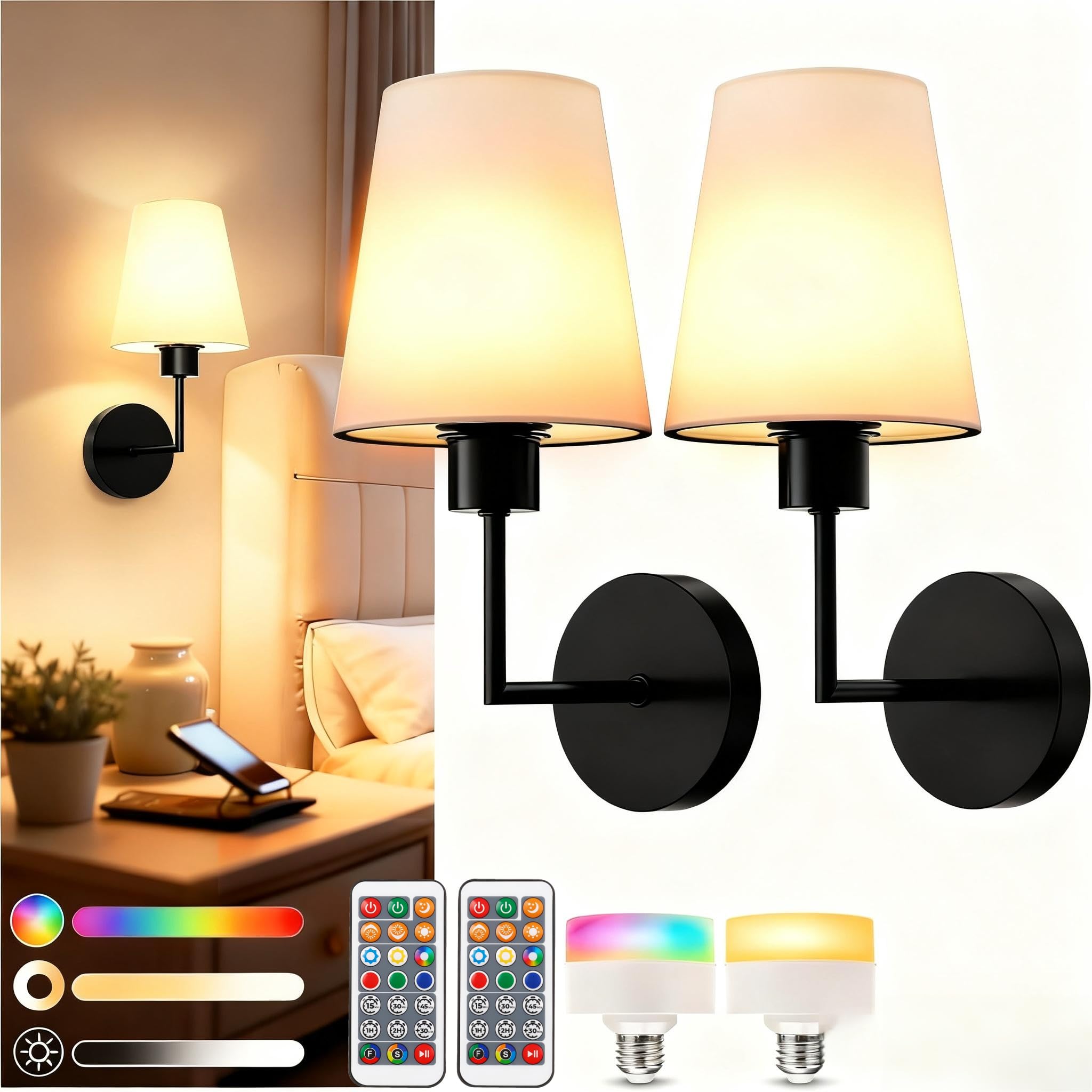 Doresshop Battery Operated Wall Sconce Set Of 2  Wall Light Wireless Easy To Install  Dimmable And Adjustable Sconces Wall Decor  Rechargeable Wall Lamp For Bedroom  Living Room  Black 13.8In