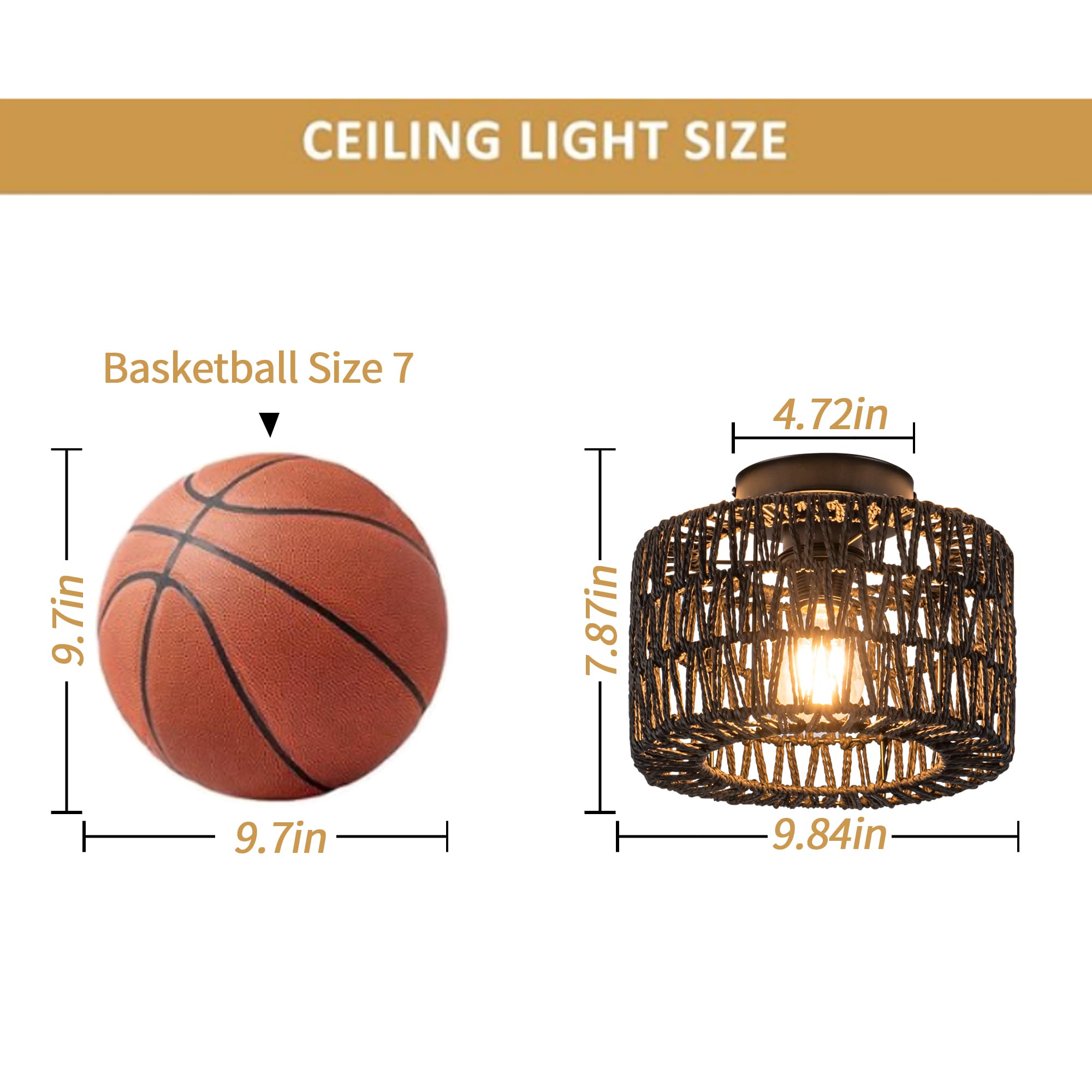 Rpzloila Rattan Ceiling Light, 1 Light Farmhouse Woven Flush Mount Ceiling Light, Boho Light Fixture For Bedroom Living Room Hal