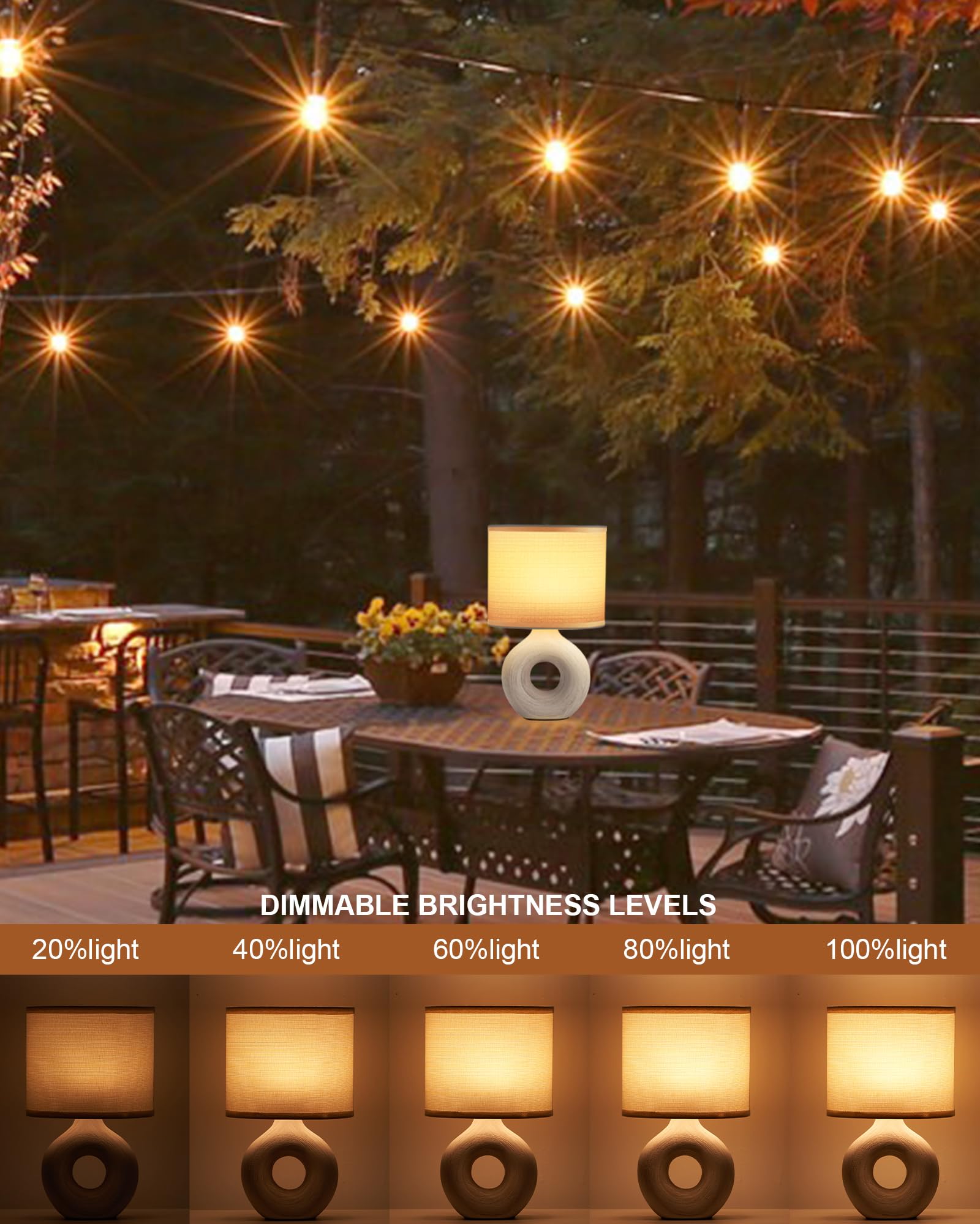 UMEXUS Small Cordless Table Lamp - Rechargeable, Timer & Dimmer, Beige Fabric Shade, Model 90010-90011, Portable Light for Indoor & Outdoor Use