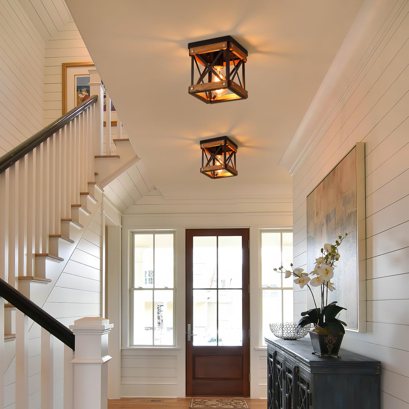 2 Pack Rustic Farmhouse Wood Flush Mount Ceiling Light Fixture Oak Wood And Metal Square Cage Small Semi Flush Mount Ceiling Lig