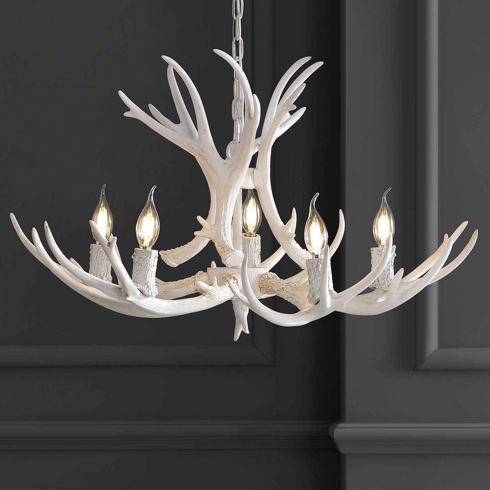 JONATHAN Y Eldora 30" Resin Antler 5-Light LED Chandelier, White, Dimmable, Glam Rustic Transitional Lighting for Dining Room, Living Room