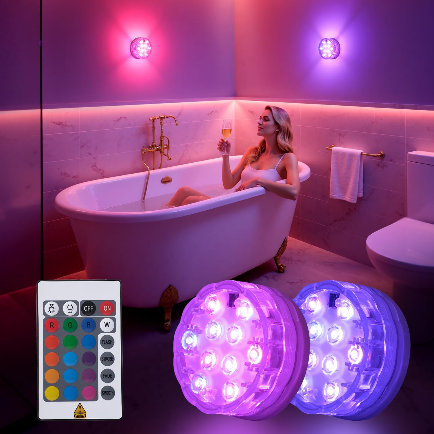 QCLTY Shower Light Waterproof, Wireless Battery Operated LED Bathroom Lights, Waterproof RGB Shower Lamp with Remote, Bathtub Li