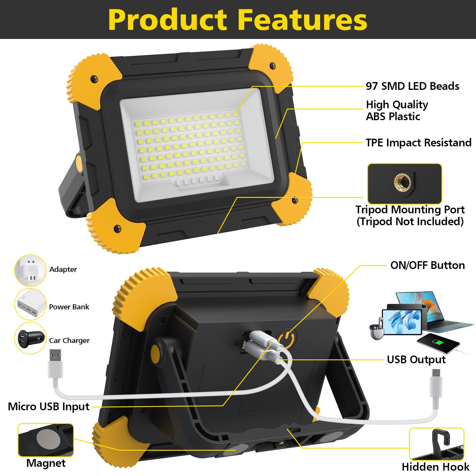 T-Sun Rechargeable Work Light Portable Led Work Light With Usb & Type C Charging Port  For Workshop Emergency And Job Site Lighting(2 Pack)