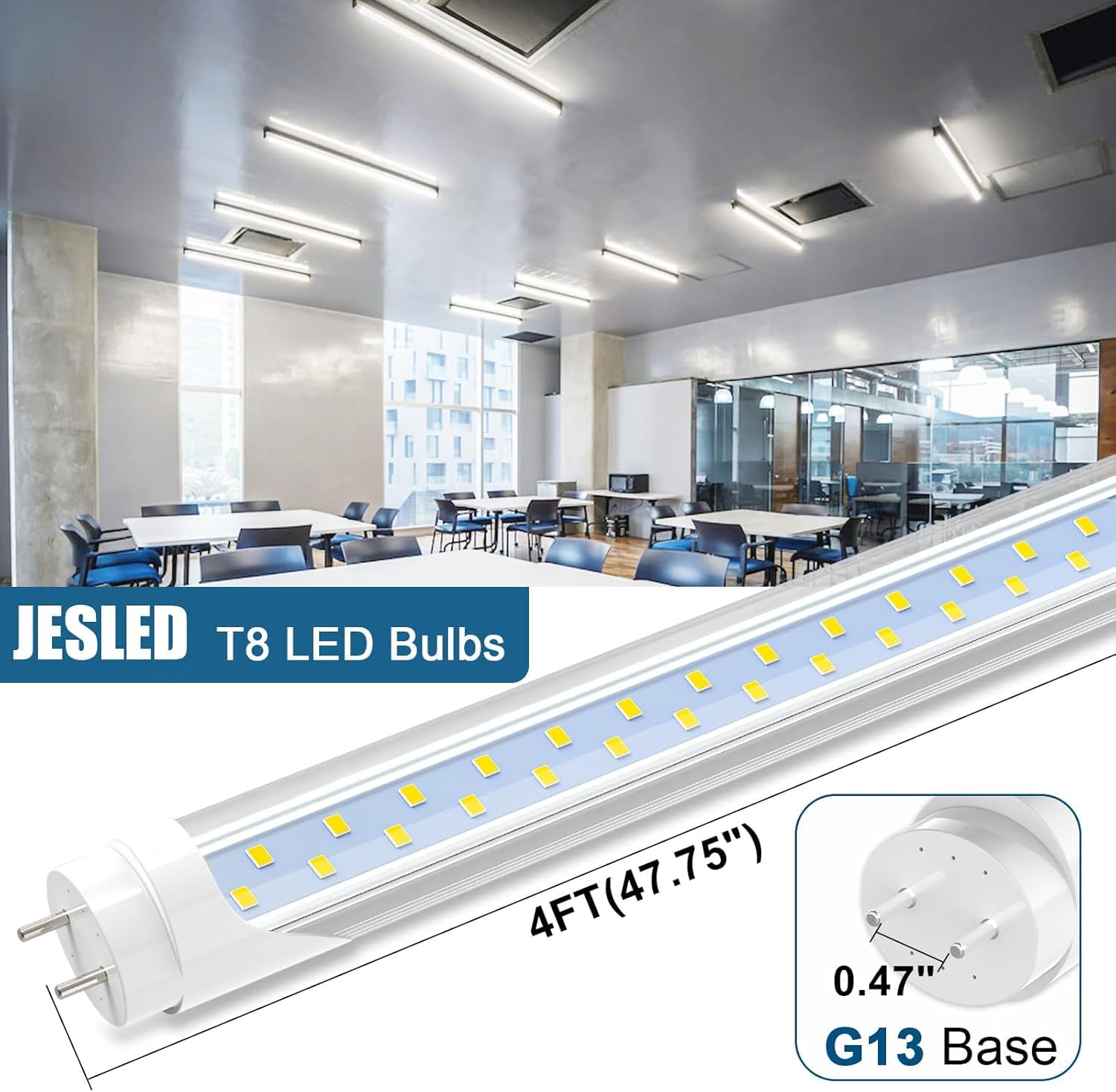 JESLED LED T8 Tube Lights 4FT, 24W, 3200LM, 5000K, Plug & Play, 4-Pack