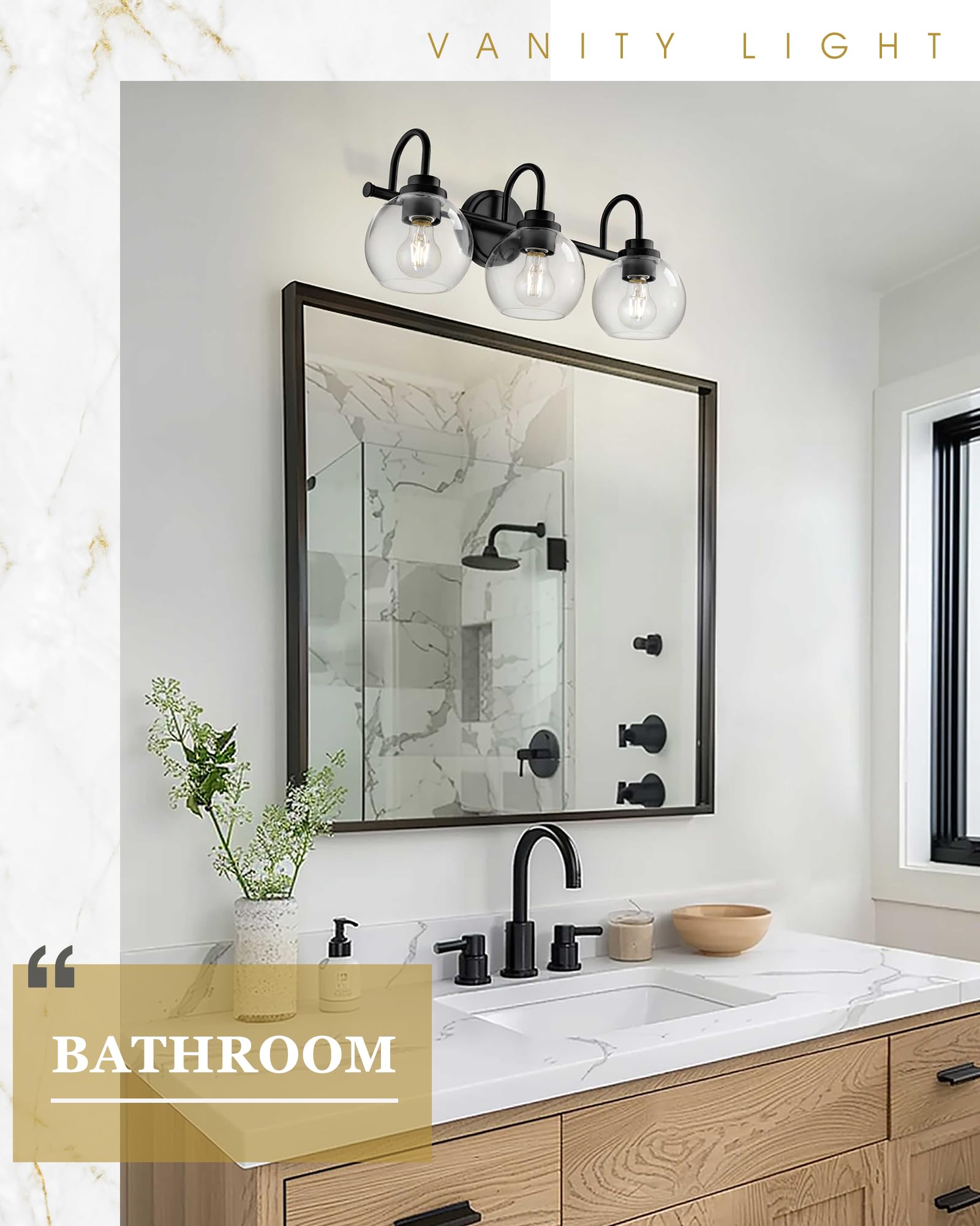 Audickic Bathroom Light Fixtures, 3-Light Matte Black Vanity Lights With Globe Clear Glass, Modern Vanity Lighting Fixtures Over Mirror, Ad-22280-3W-Bk