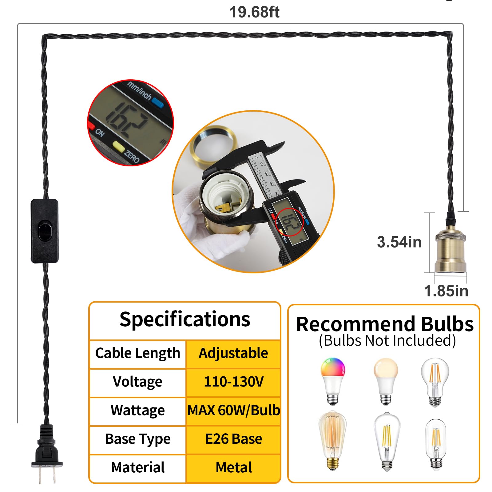 Plug In Pendant Light Cord Hanging Light Kit With Switch,Farmhouse Hanging Lights 19.68 Ft Power Cord Length,Hemp Rope Plug In B