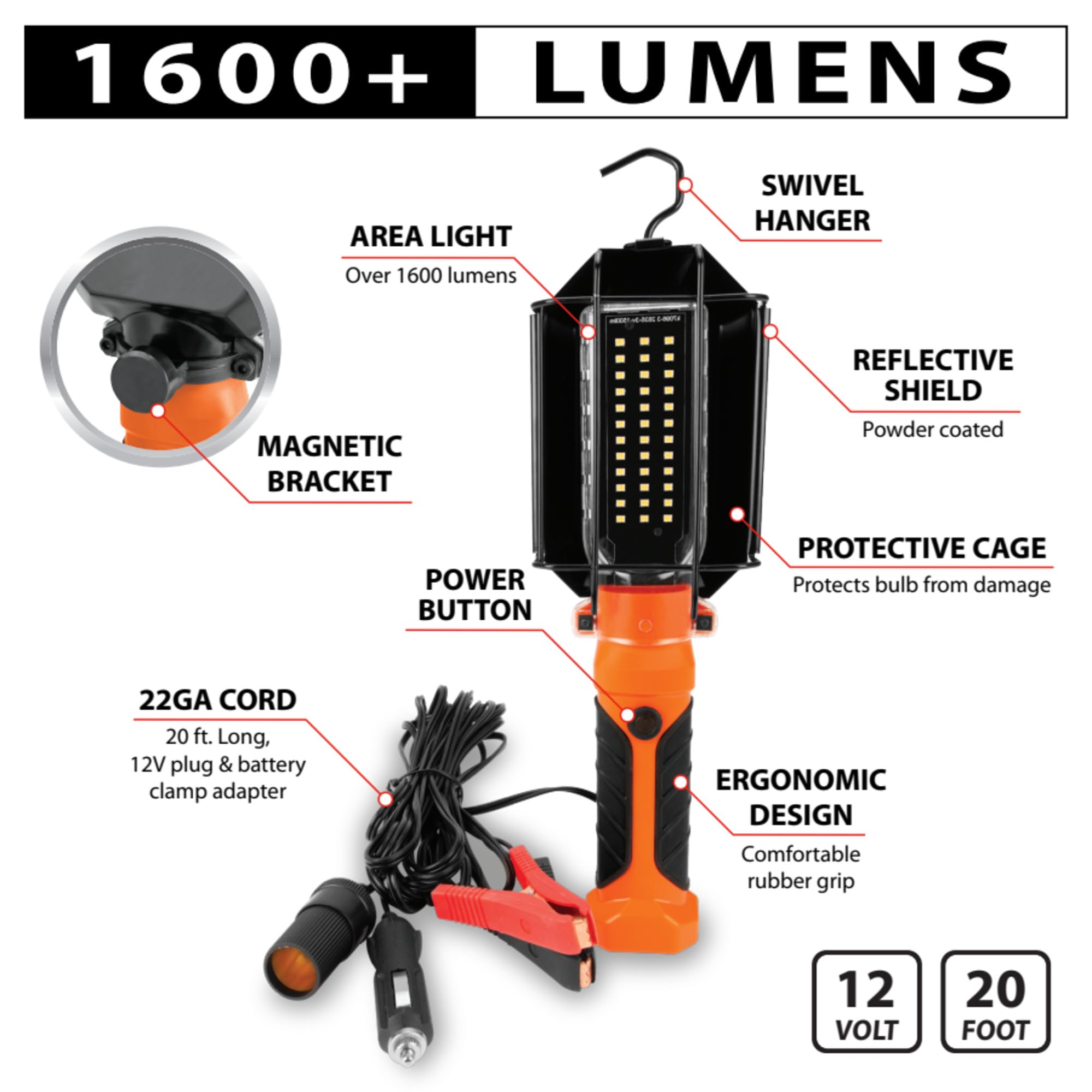 Performance Tool W2238 Led Drop Light With Magnetic Bracket And Usb Port, 1600 Lumens, 20Ft Cord, Battery Clamp Adapter, Impact Resistant Handle