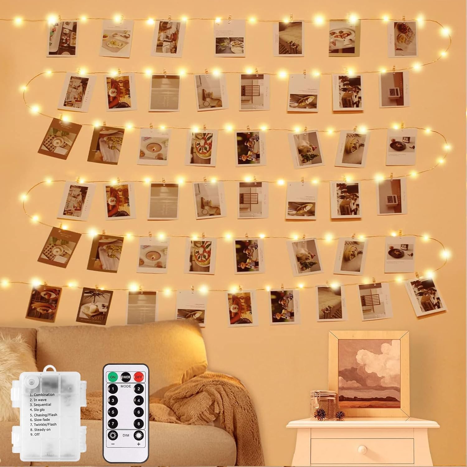 LECLSTAR Photo Clip String Lights, 33FT, 100 LED, Waterproof Copper Wire, Warm White, Model KM-300, with 50 Clear Clips
