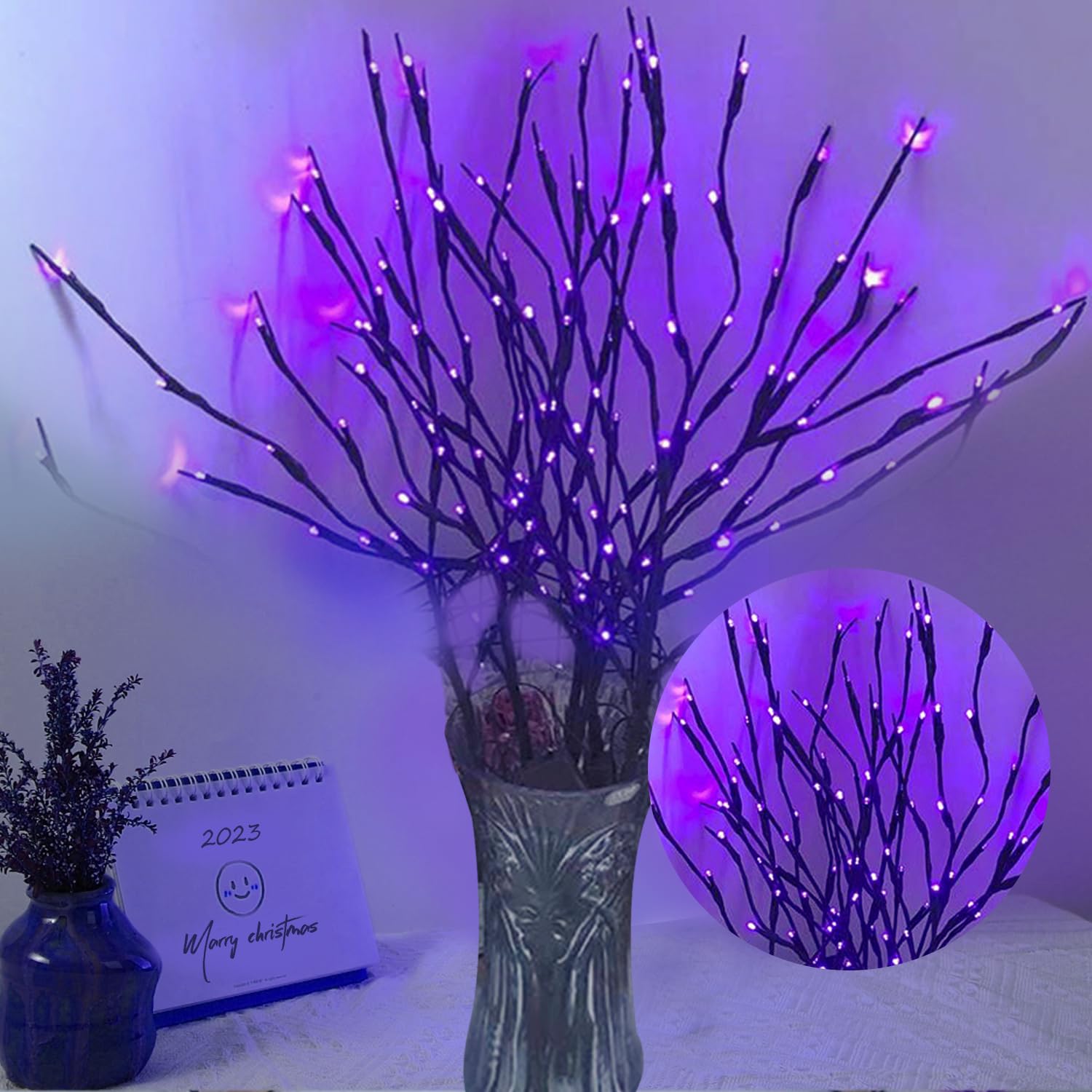 Dk177 2 Pack Led Branch Light Battery Operated Lighted Branch Vase Filler Willow Tree Artificial Little Twig Power Brown 30 Inch 20 Led For Home Outdoor Indoor Romantic Decoration, Purple Light