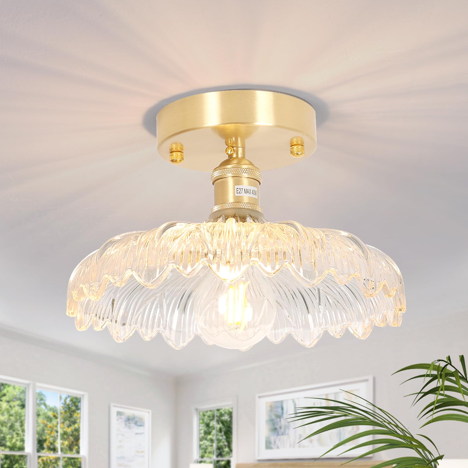 Shenmoyl Semi Flush Mount Gold Vintage Lights Fixture  Clear Tulip Glass  Bulb Included  4.72 Base Modern Ceiling Light for Porch  Corridor  Kitchen  Bedroom