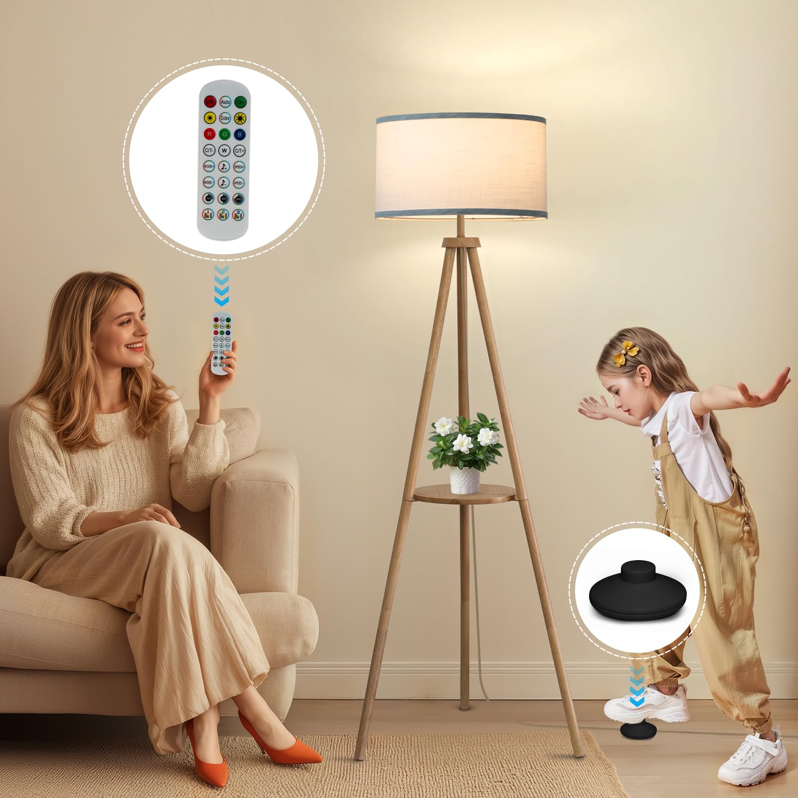 Eoeyyoyb Floor Lamp With 3 Light Modes Adjustable- Wood Tripod Floor Lamp Modern Led Standing Lamp With Dimmable Brightness, Per