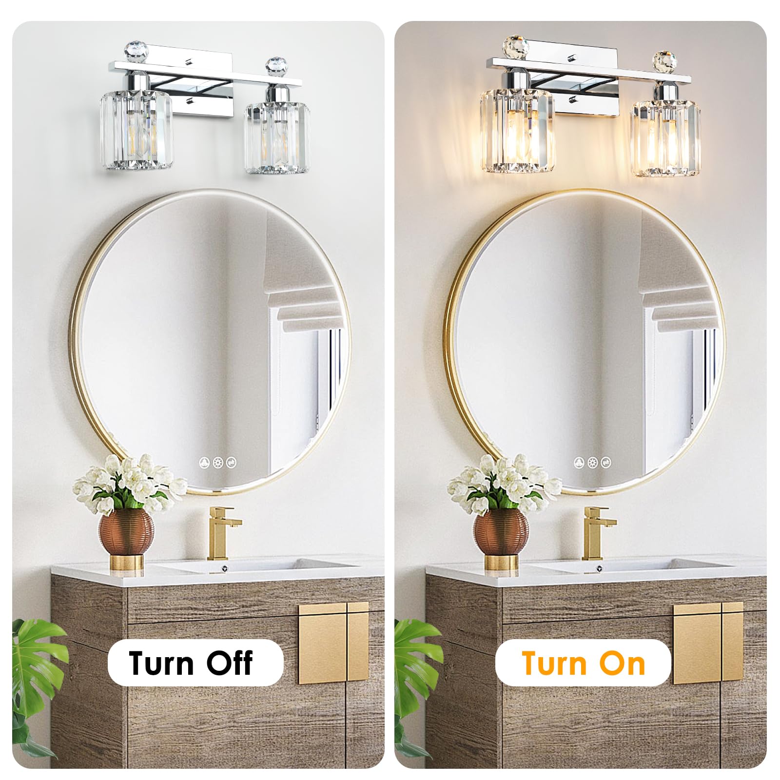 Kunruitai 2-Light Silvery Bathroom Light Fixtures,Modern Bathroom Vanity Lights Fixture With Clear Crystal Glass Shade,Brushed S