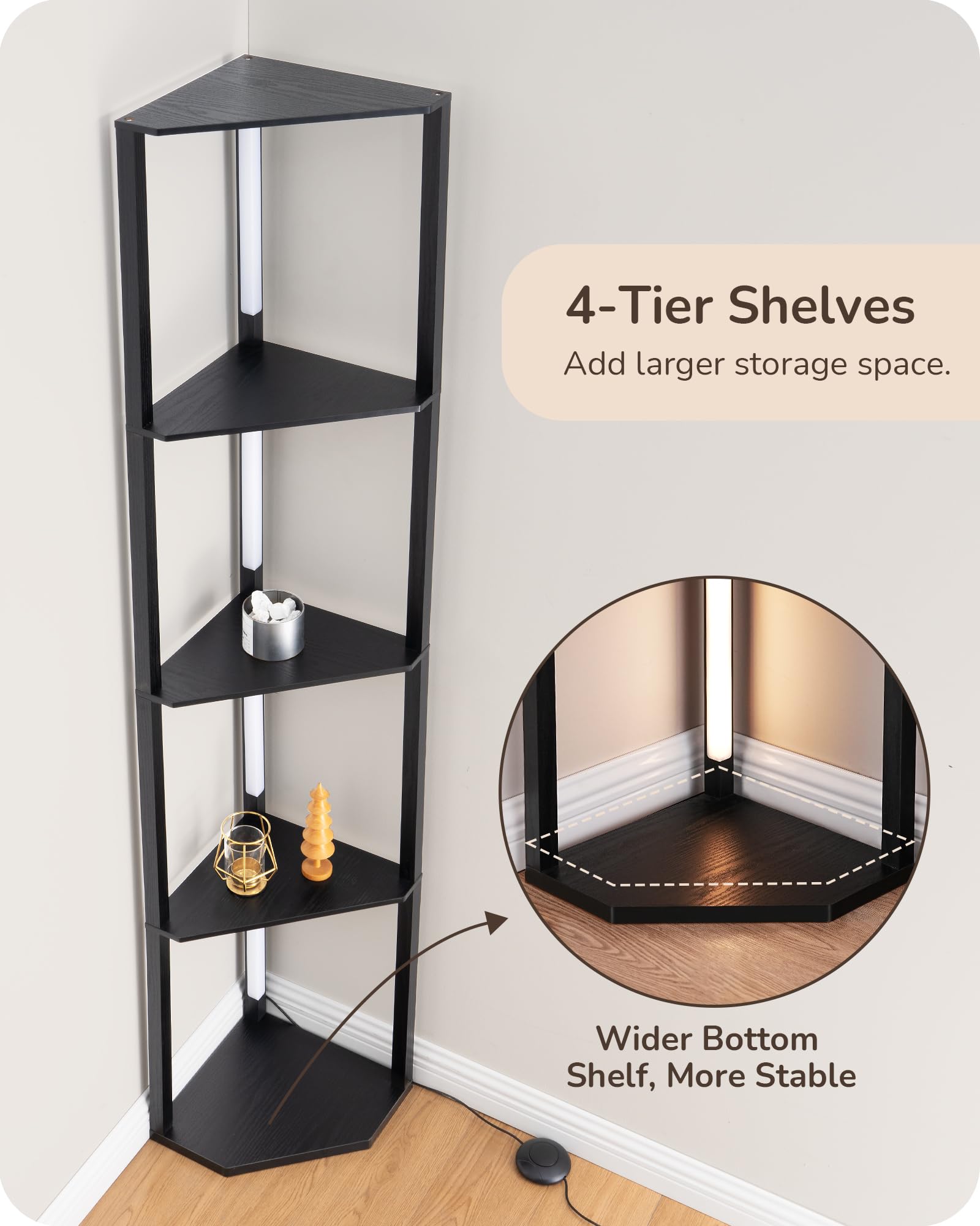 EDISHINE 64in Corner Display Shelf with Light, Stepless Dimmable Floor Lamp, Black Wood