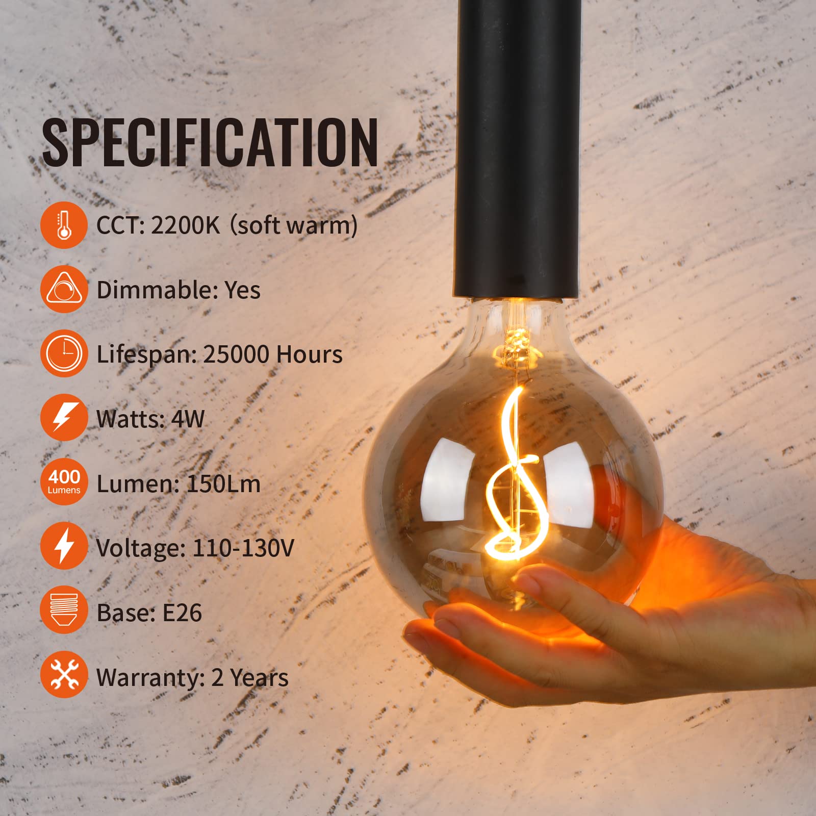 Omed G125 Smoke Grey Large Oversized Led Edison Bulbs 2 Pack, E26 2200K Warm White Dimmable Extra Big Round Vintage Light Bulbs,