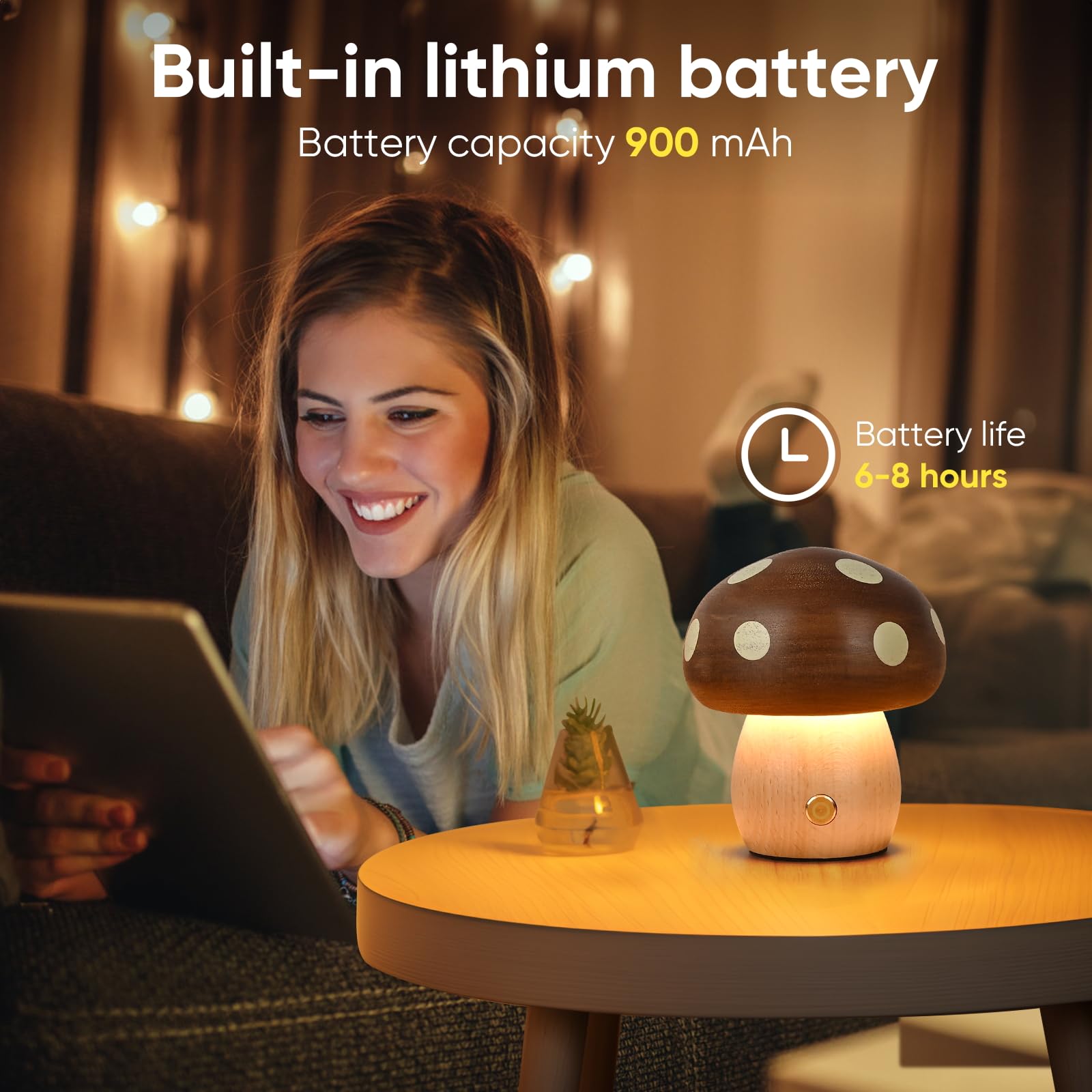 Moroommt Wood Mushroom Lamp  Rechargeable Small Bedside Lamp  Touch Mushroom Night Light Small Lamp For Nightstand  Portable Battery Operated Lights For Bedroom Kids Birthday Gifts
